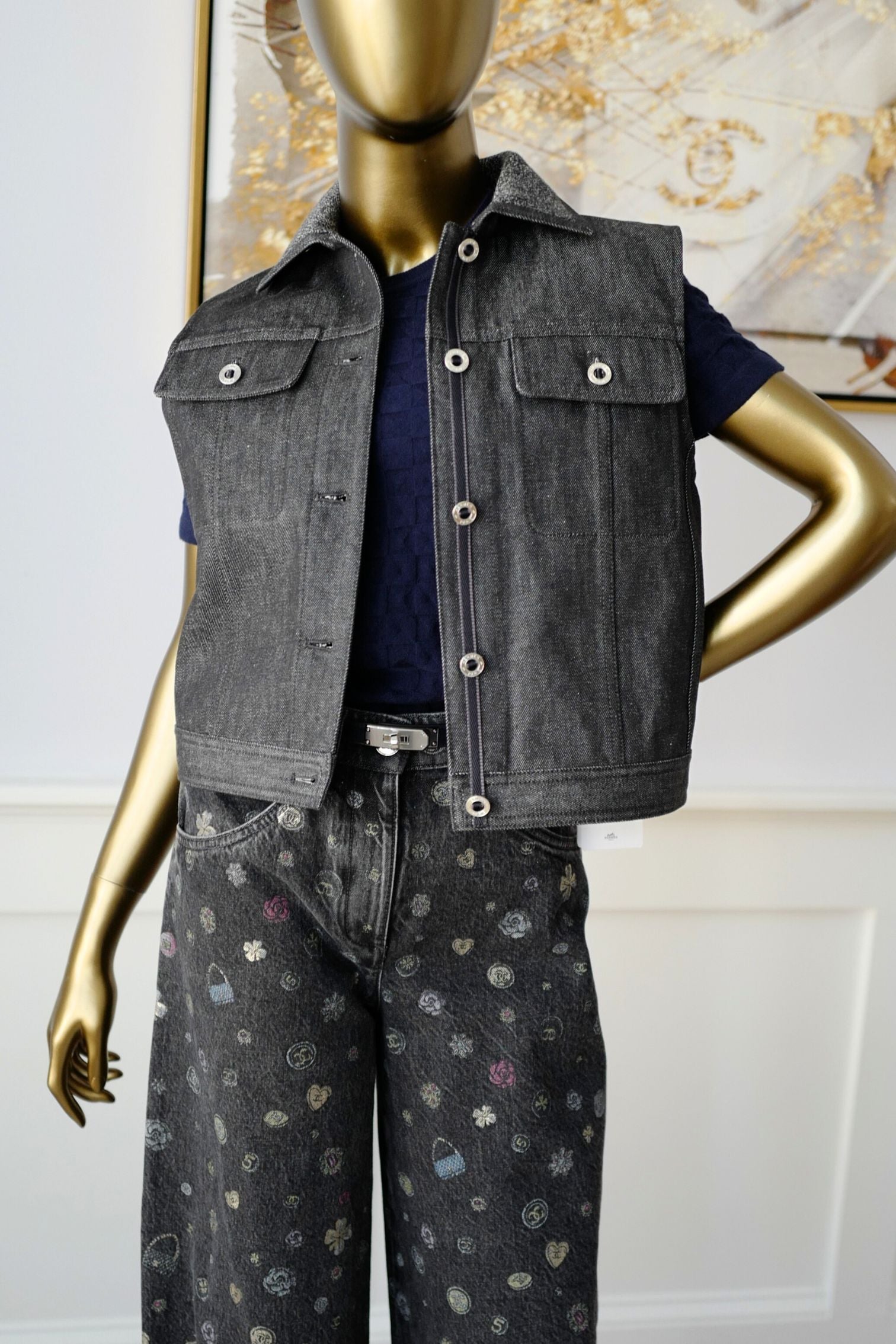 Hermès Sleeveless Vest Jacket Natural Pigment Denim Gris Carbone Size 38