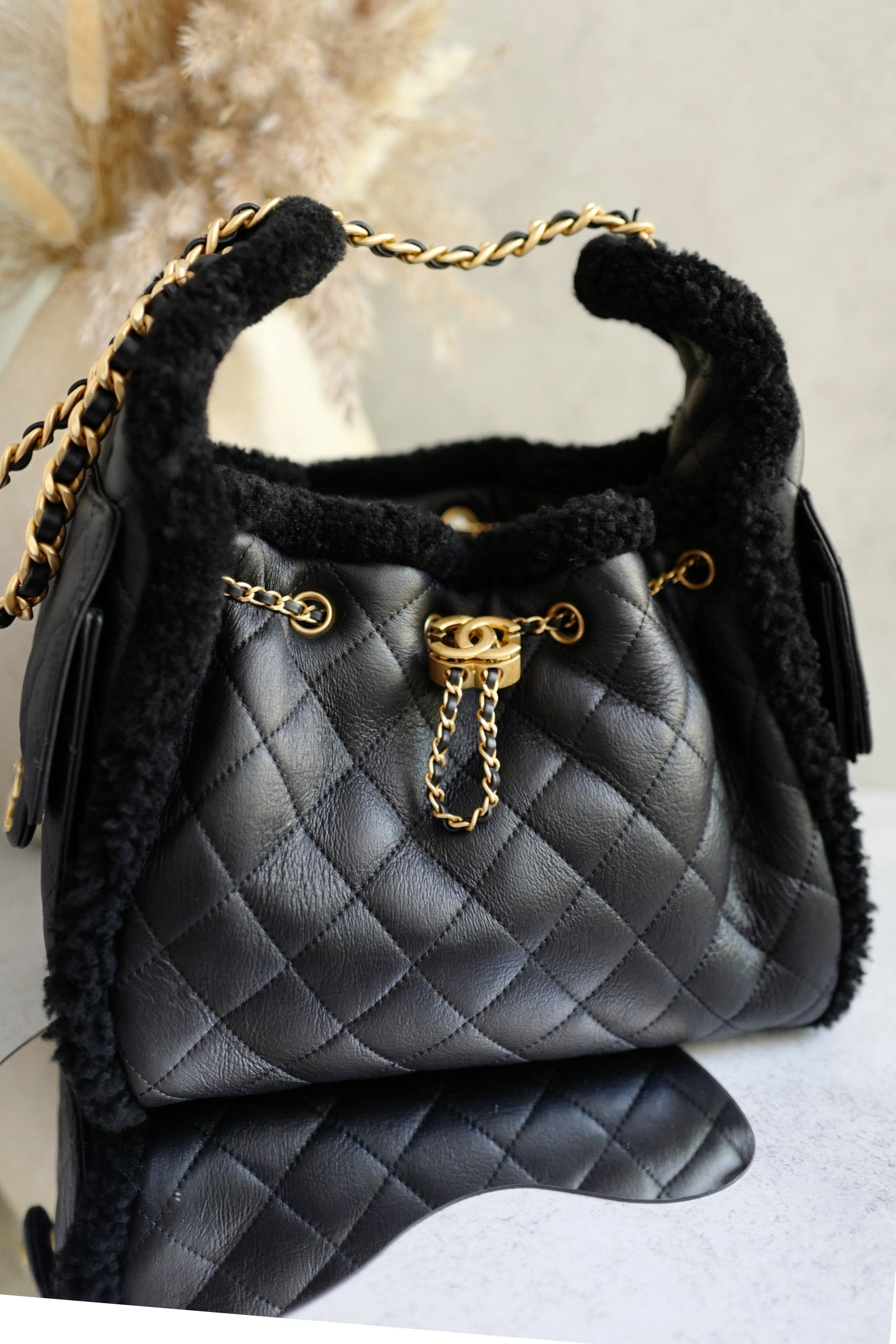Chanel 25K Small Hobo Bag in Black Shearling and Calfskin Leather Gold Hardware