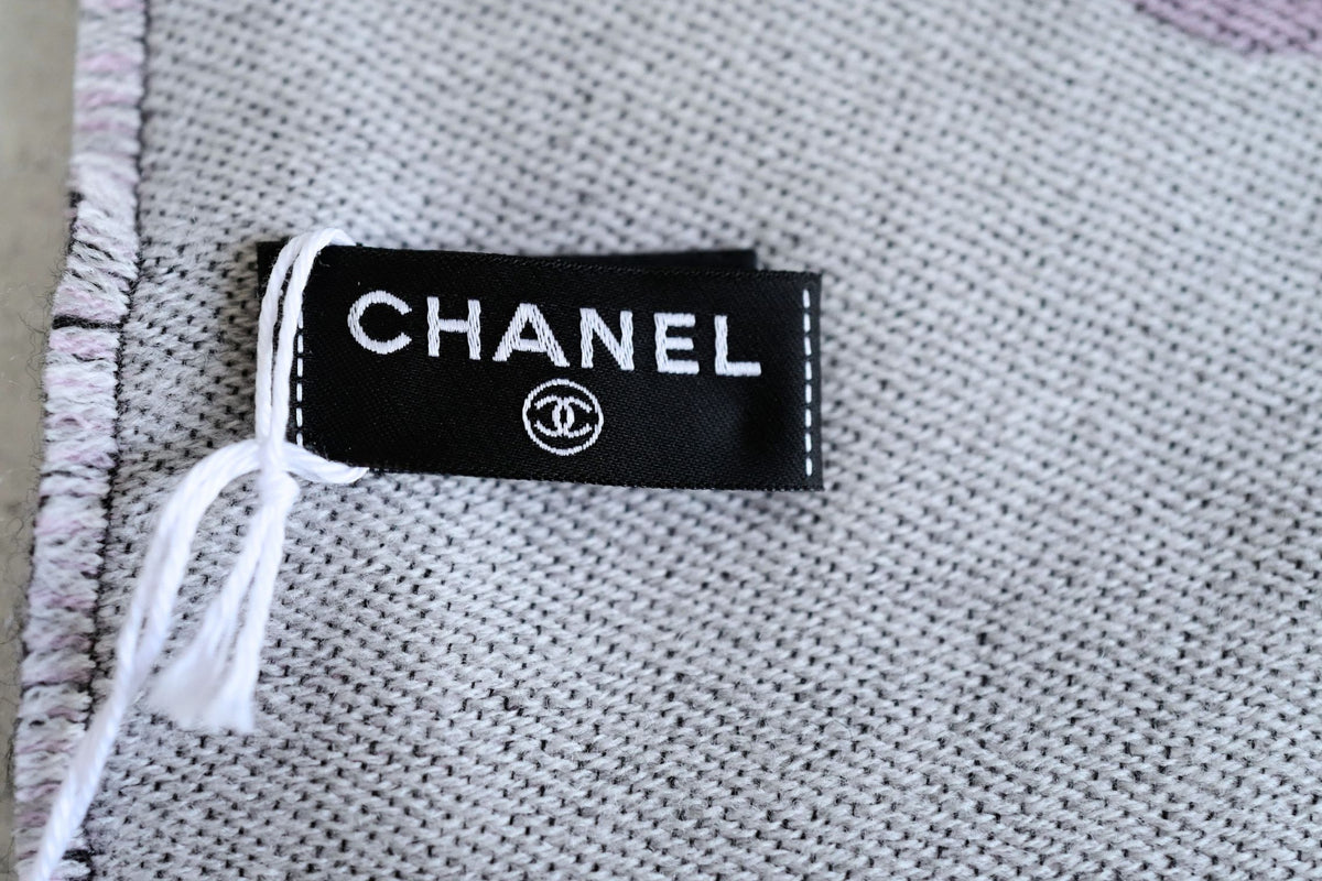NEW Chanel 25B Black White Wool & Silk Scarf with Pearl Decoration