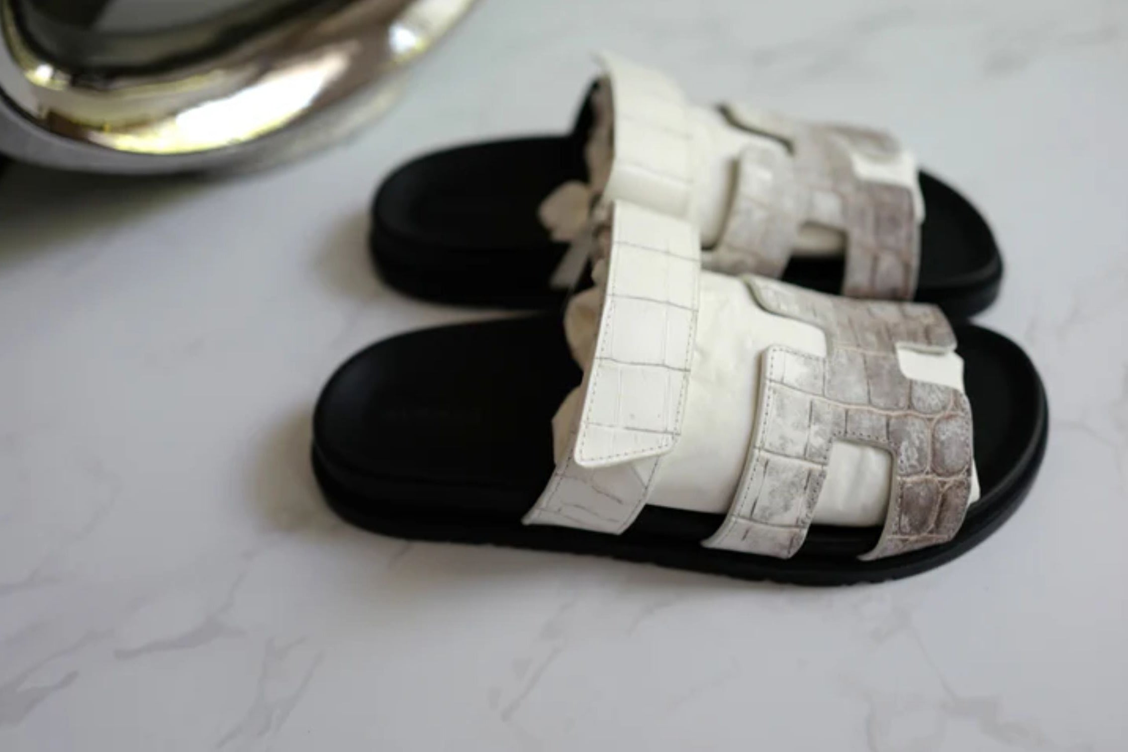 BNIB HERMÈS Chypre Sandals White Niloticus Crocodile Himalaya - Size 38