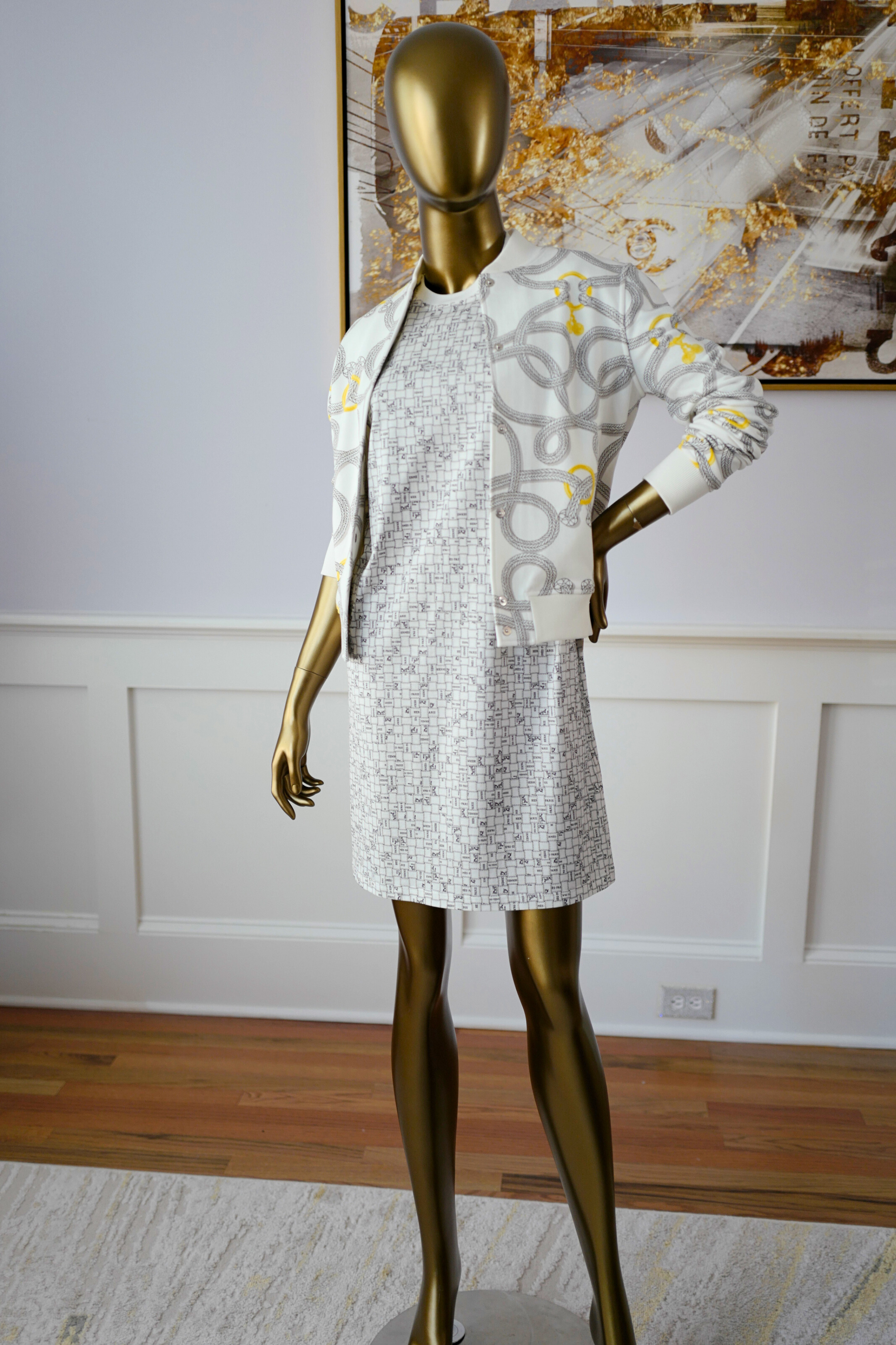 NEW Hermès Robe Droite Imprimée Bolduc au Carre Blanc Casse size 38