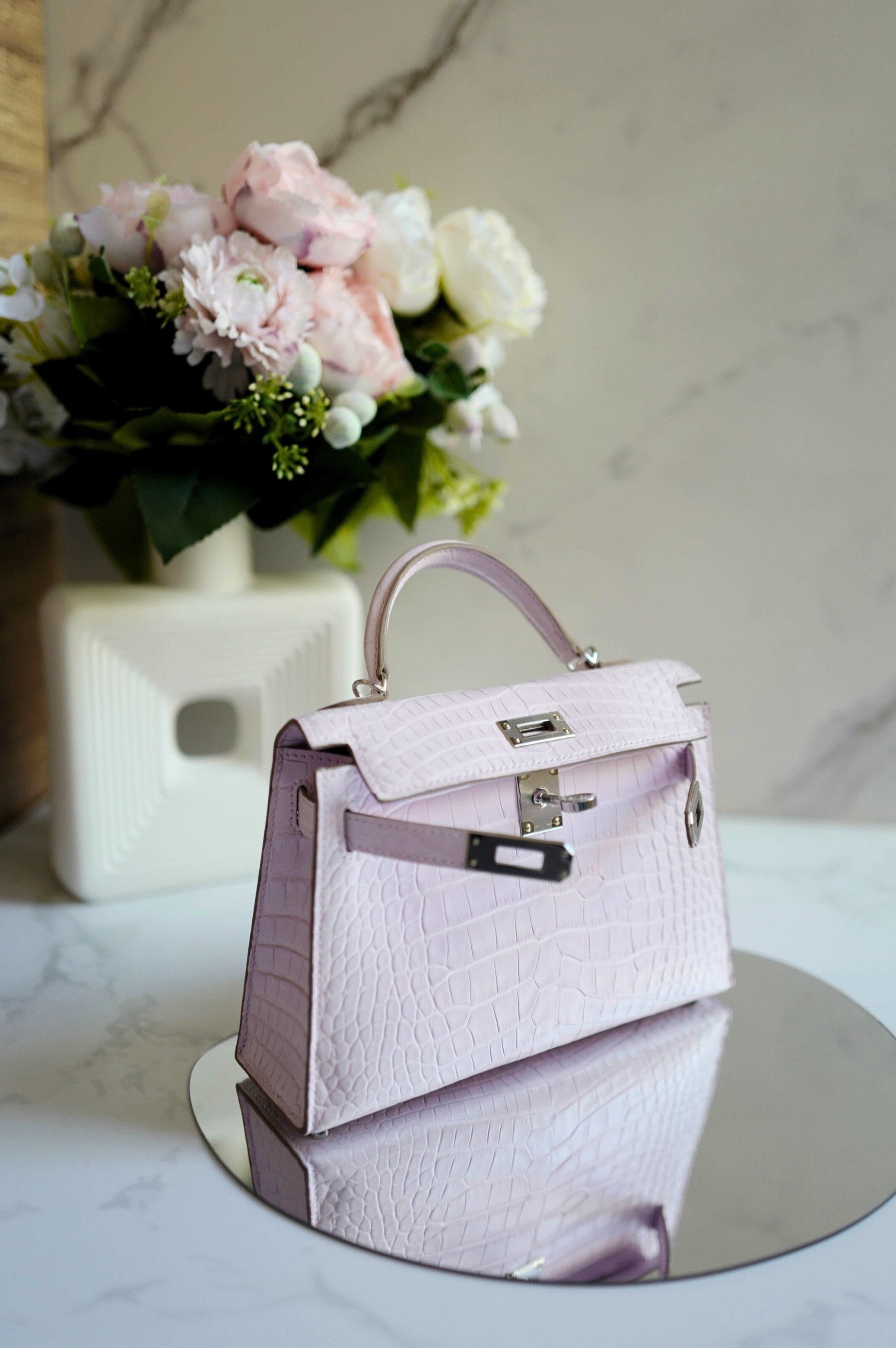 BNIB Hermès Mini Kelly 20 Mauve Pale Matte Alligator Palladium Hardware K Stamp 2025