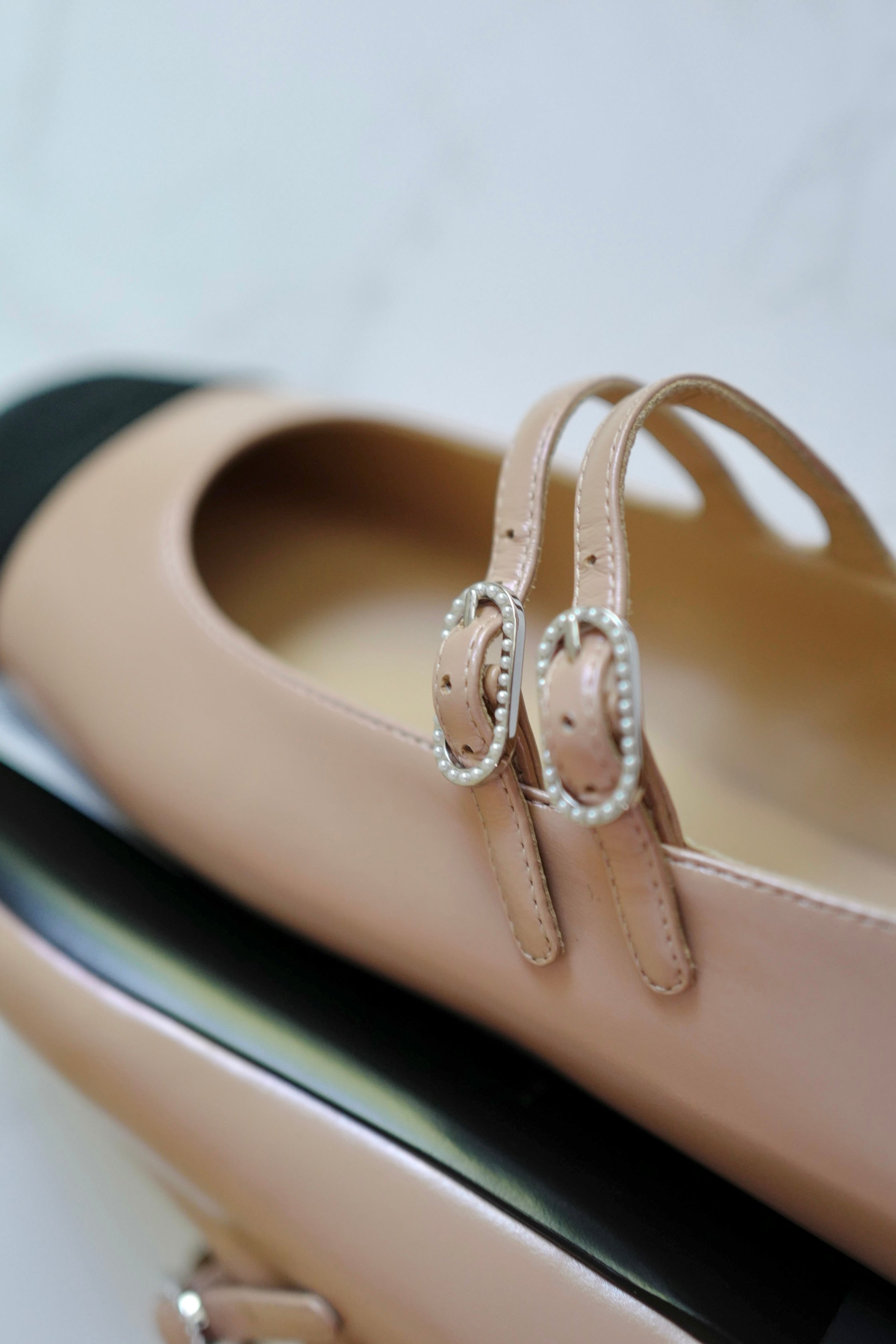 Chanel Lambskin Leather Mary Janes Flats Beige & Black With Straps Size 39