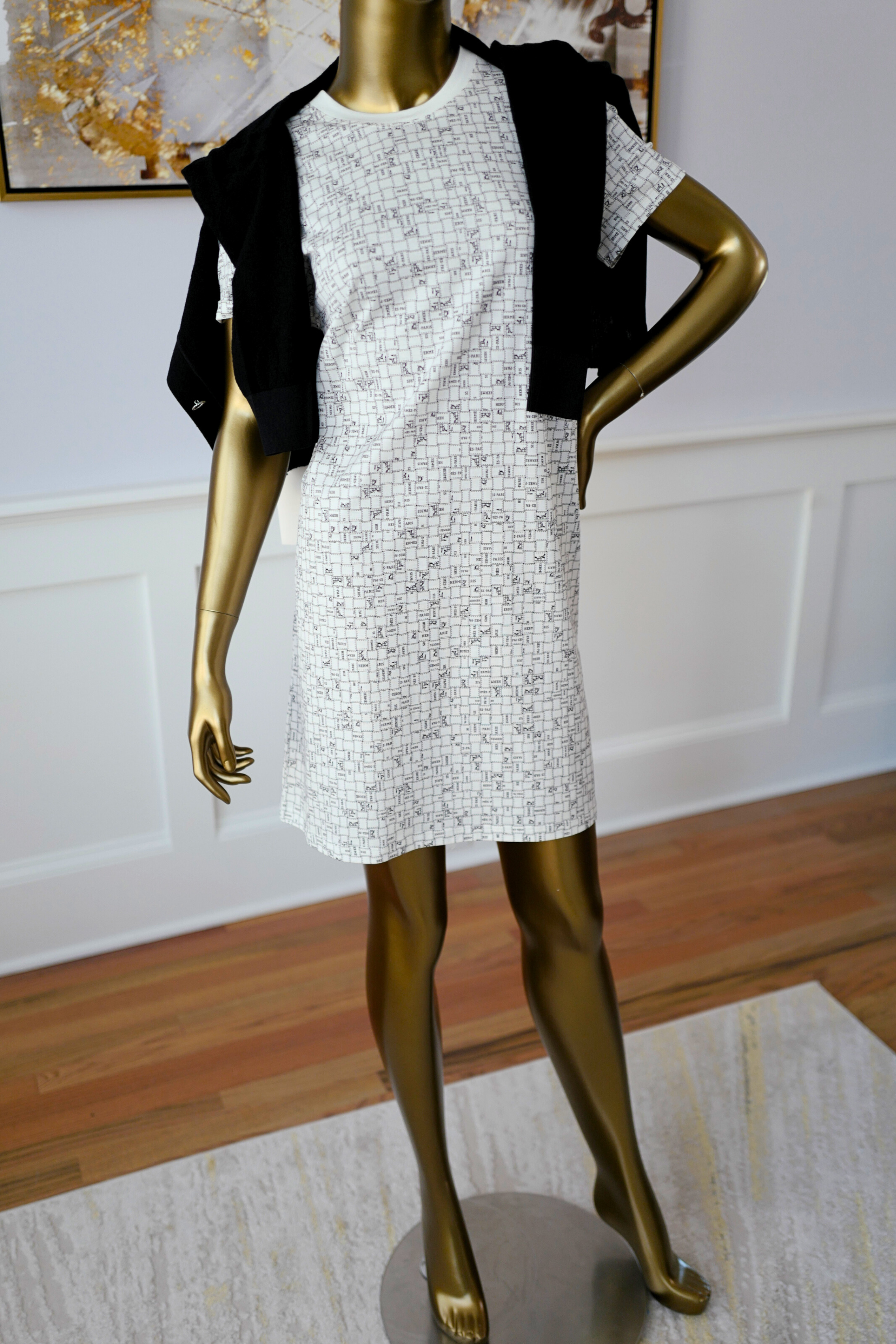 NEW Hermès Robe Droite Imprimée Bolduc au Carre Blanc Casse size 38