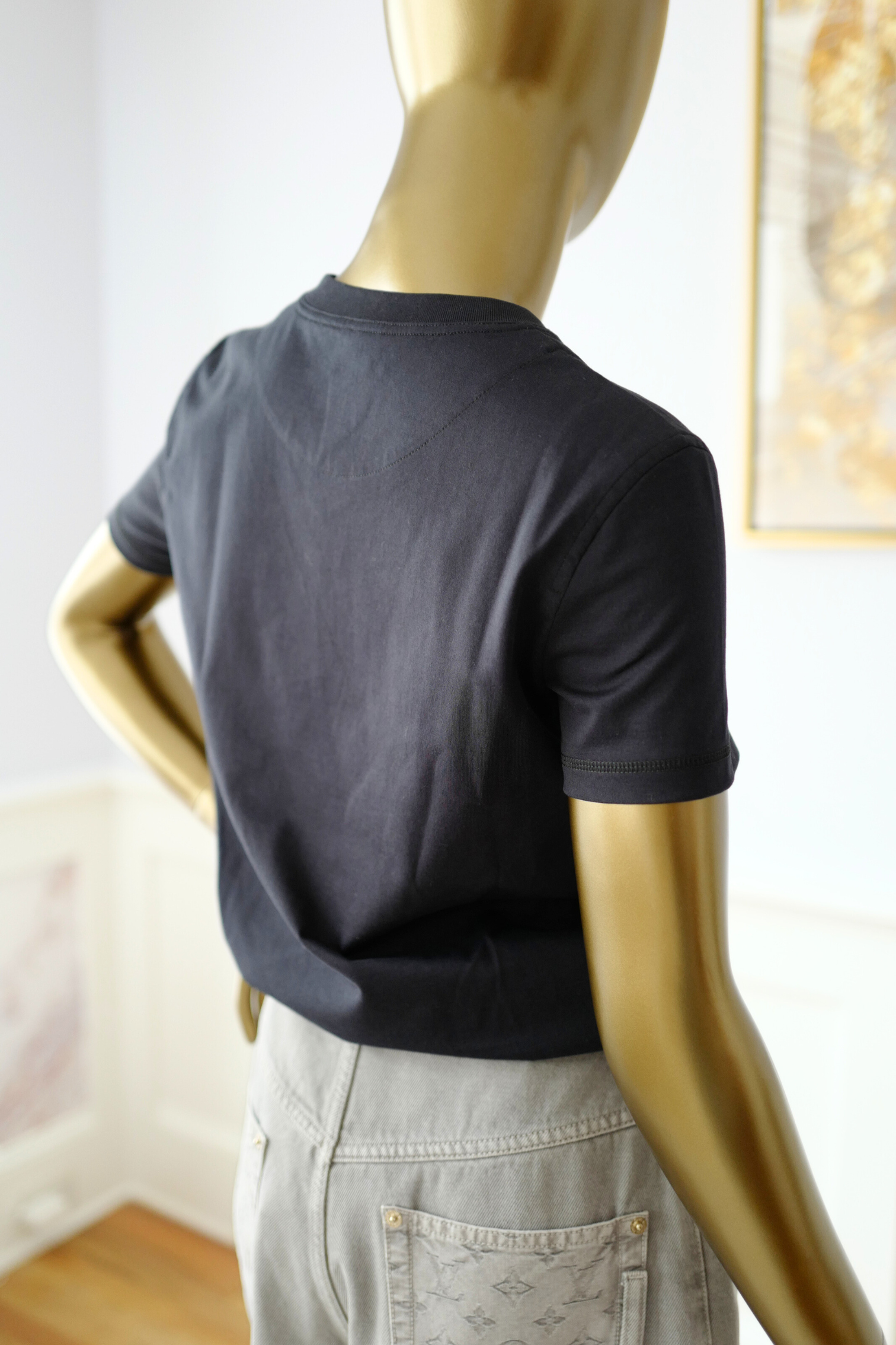 New Hermès Women’s Printed Straight T-Shirt Bleu Noir Size 36