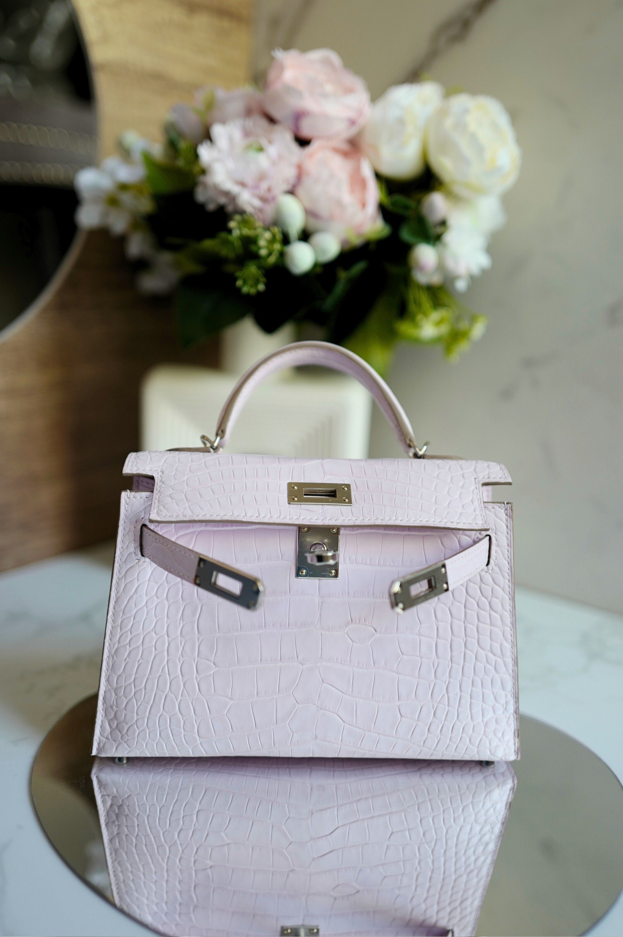 BNIB Hermès Mini Kelly 20 Mauve Pale Matte Alligator Palladium Hardware K Stamp 2025
