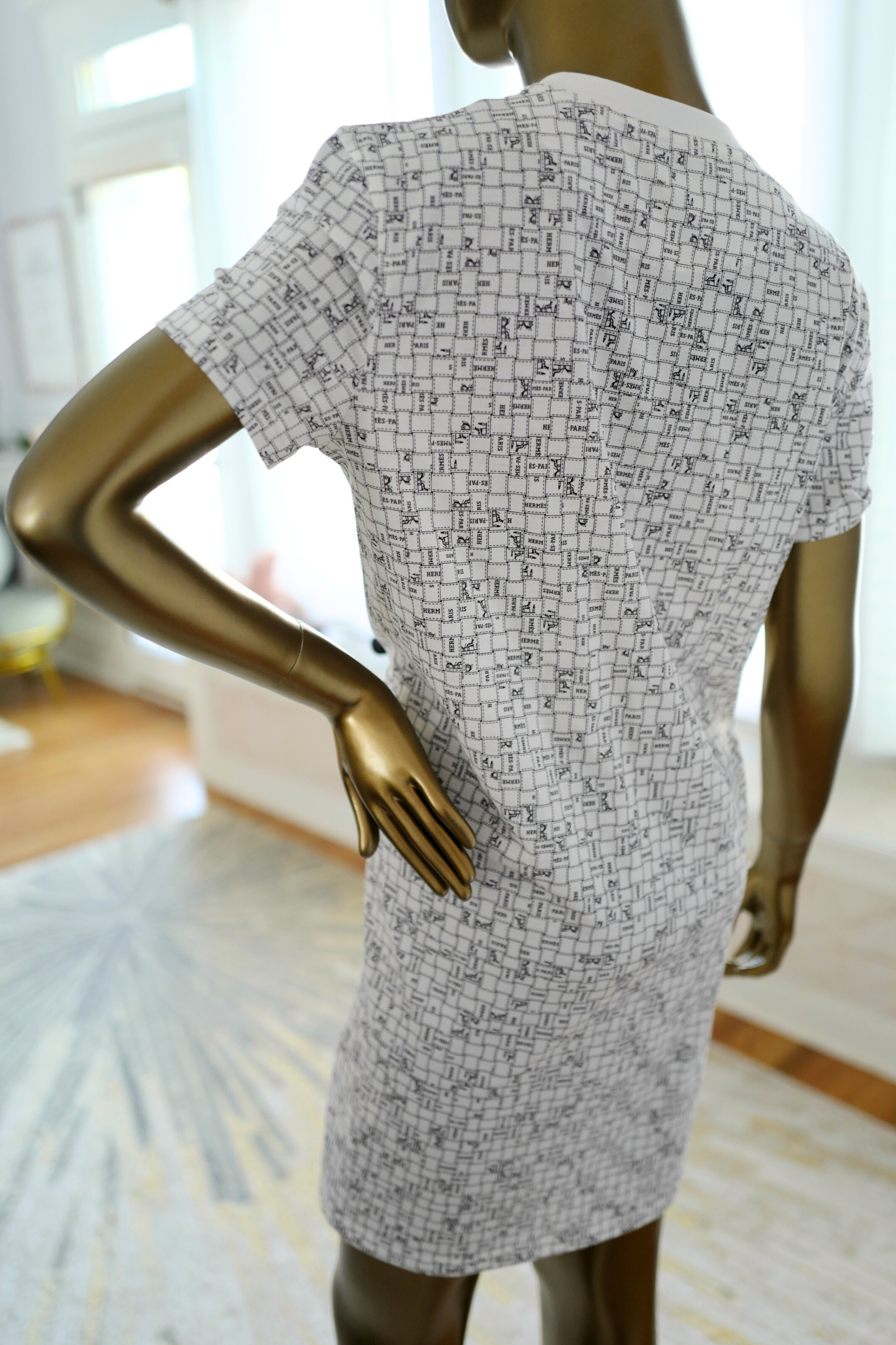 NEW Hermès Robe Droite Imprimée Bolduc au Carre Blanc Casse size 38