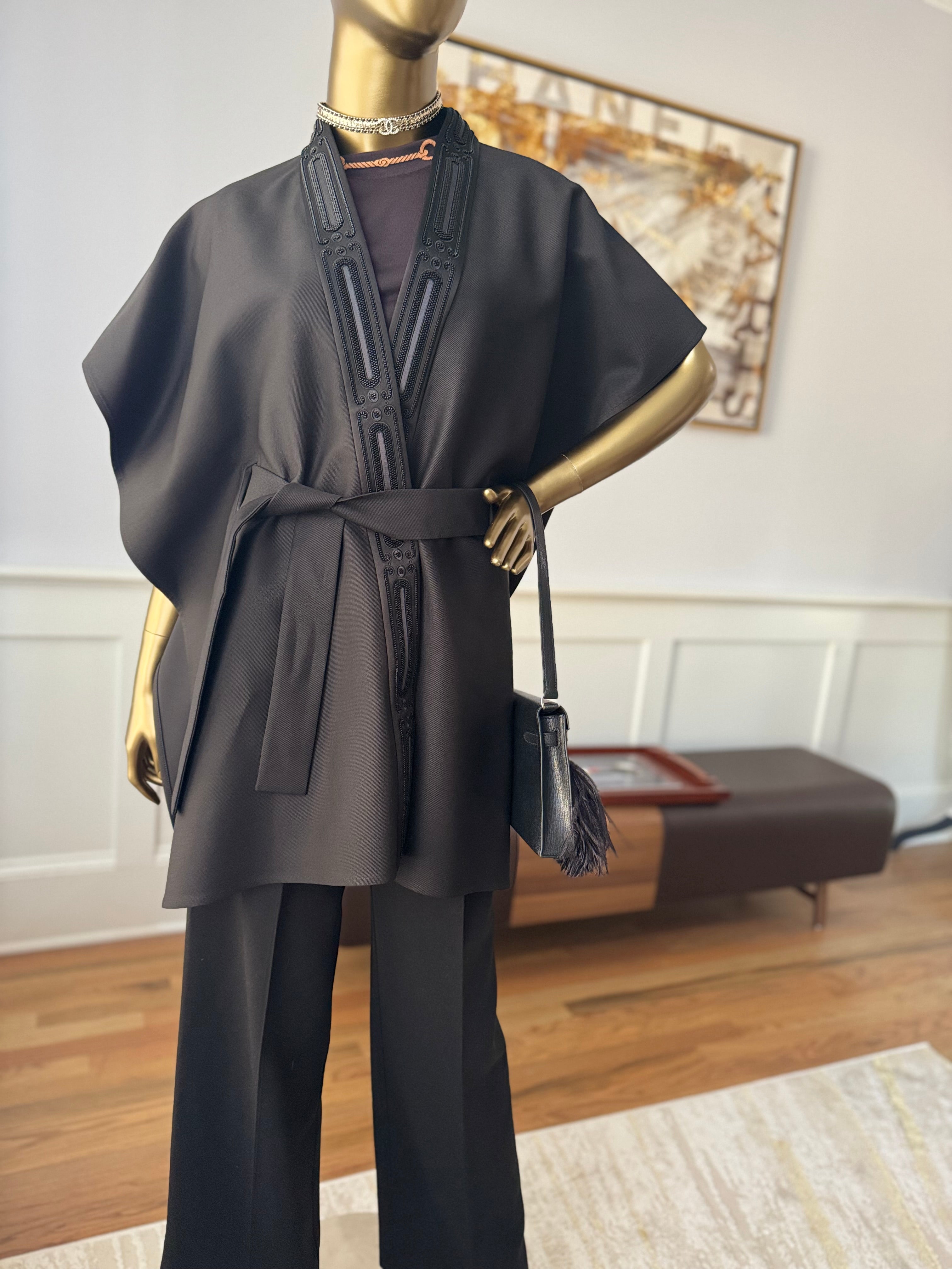 NEW Hermes Embroidered Long Poncho Vest Size 34 Noir Black Over $7K Retail
