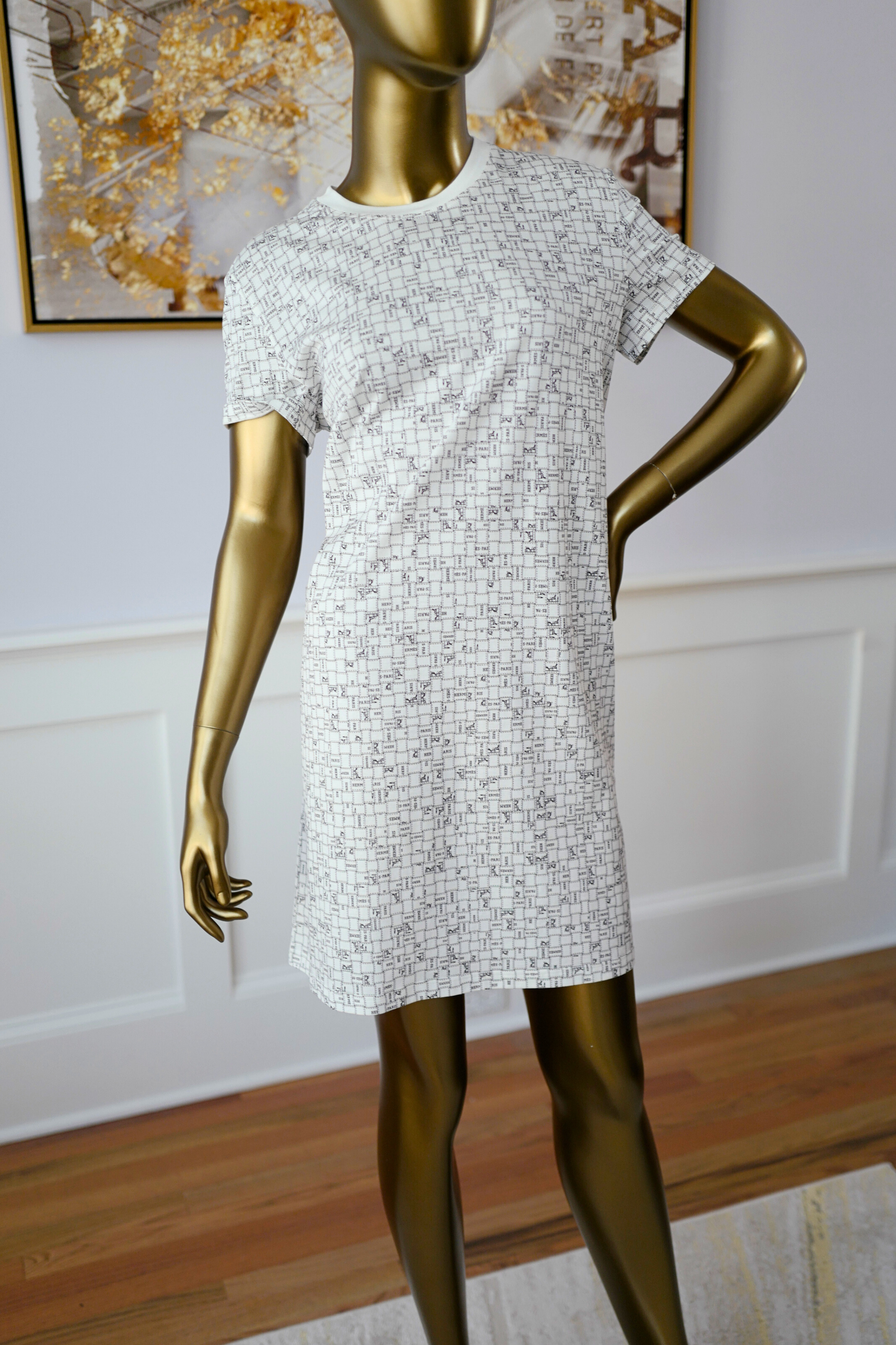 NEW Hermès Robe Droite Imprimée Bolduc au Carre Blanc Casse size 38