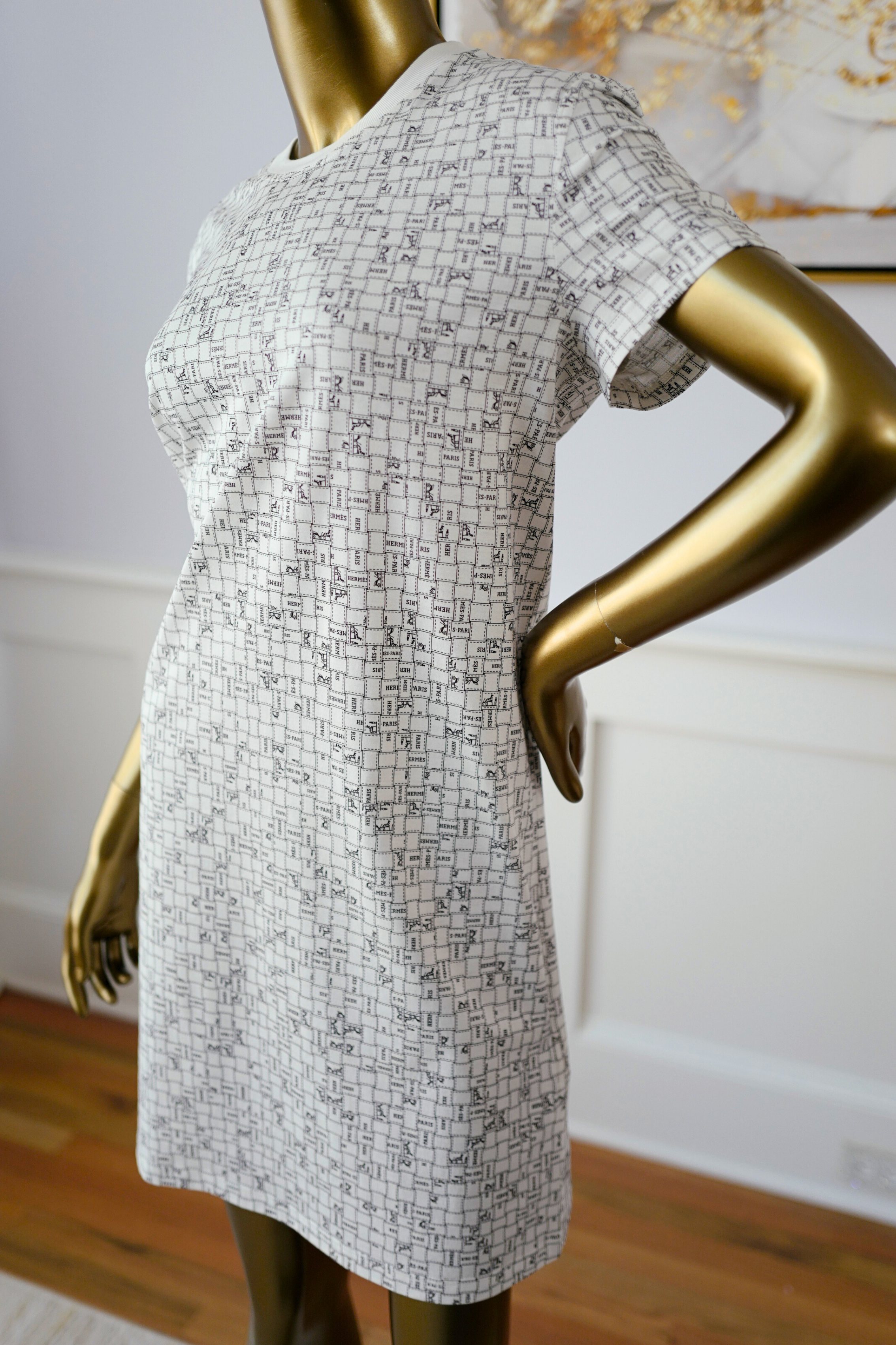 NEW Hermès Robe Droite Imprimée Bolduc au Carre Blanc Casse size 38