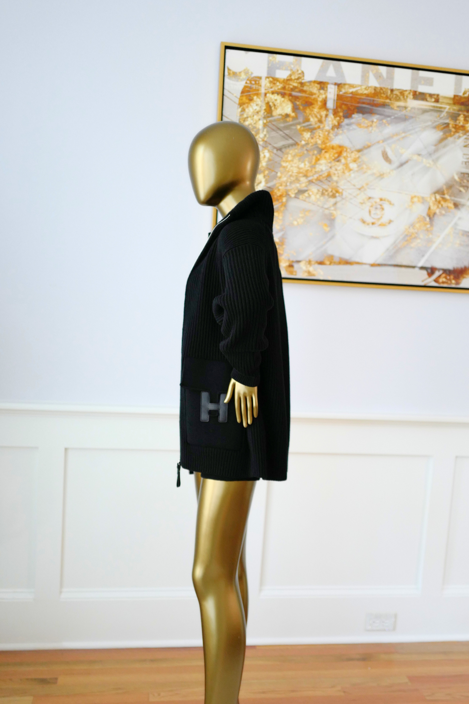 NEW Hermès Blouson Cardigan H Pockets Black Size 36 Wool Jacket