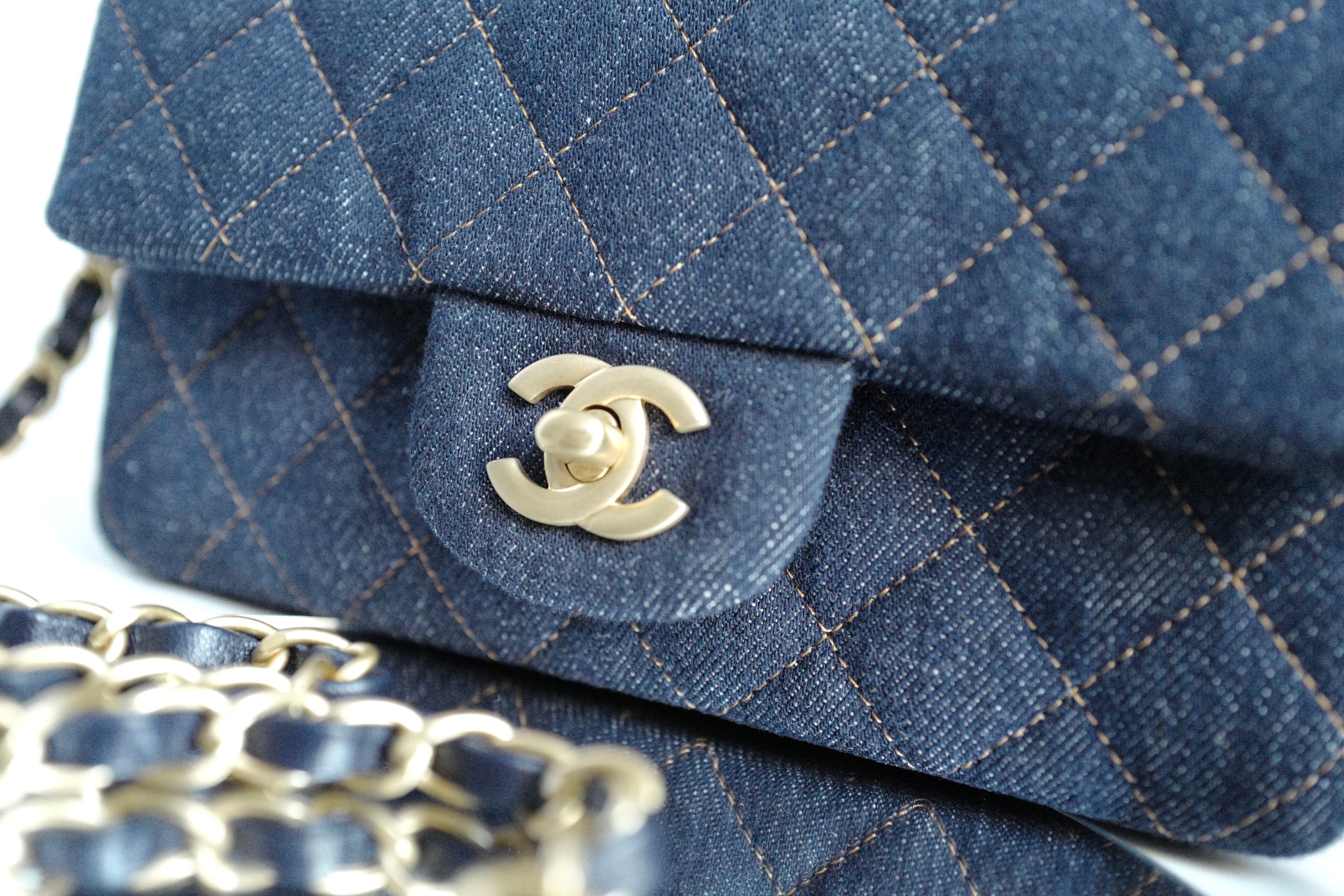 BNIB Chanel 25c Classic Mini Flap Bag in Denim Dark Blue Gold Hardware