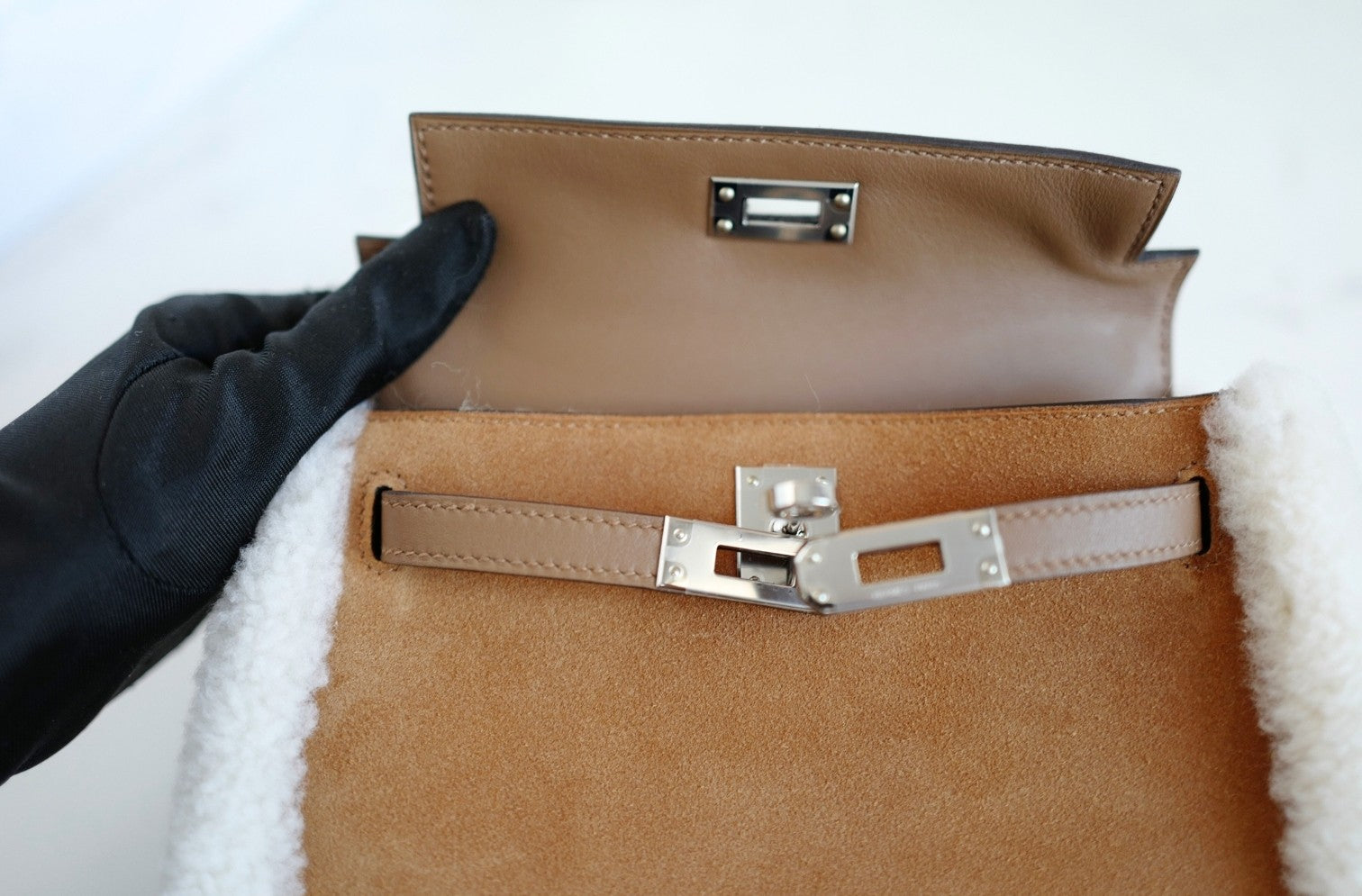 BNIB Hermès Mini Kelly Teddy Gold/Ecru/Alezan Shearling Suede Palladium Hardware