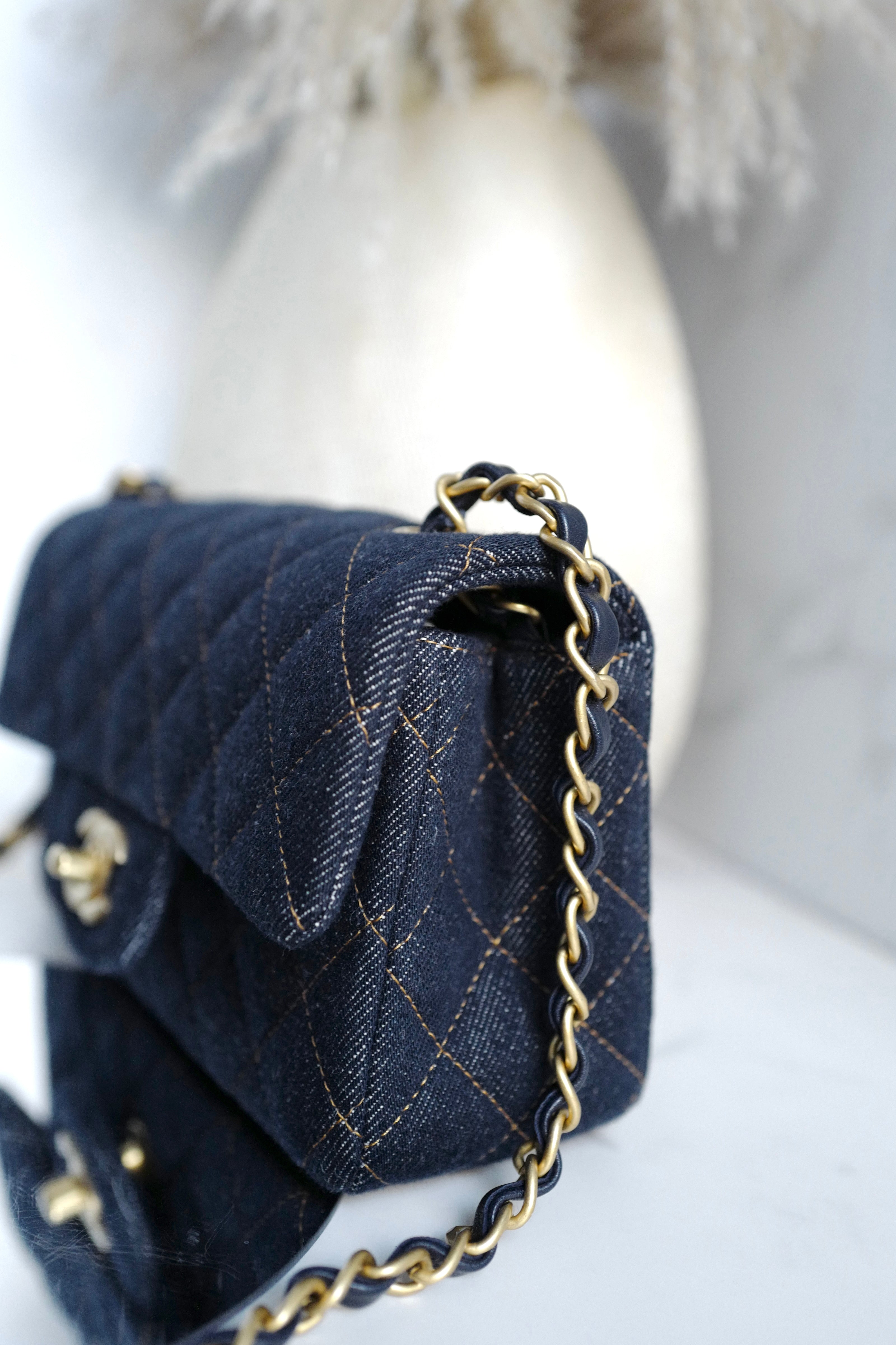 BNIB Chanel 25c Classic Mini Flap Bag in Denim Dark Blue Gold Hardware
