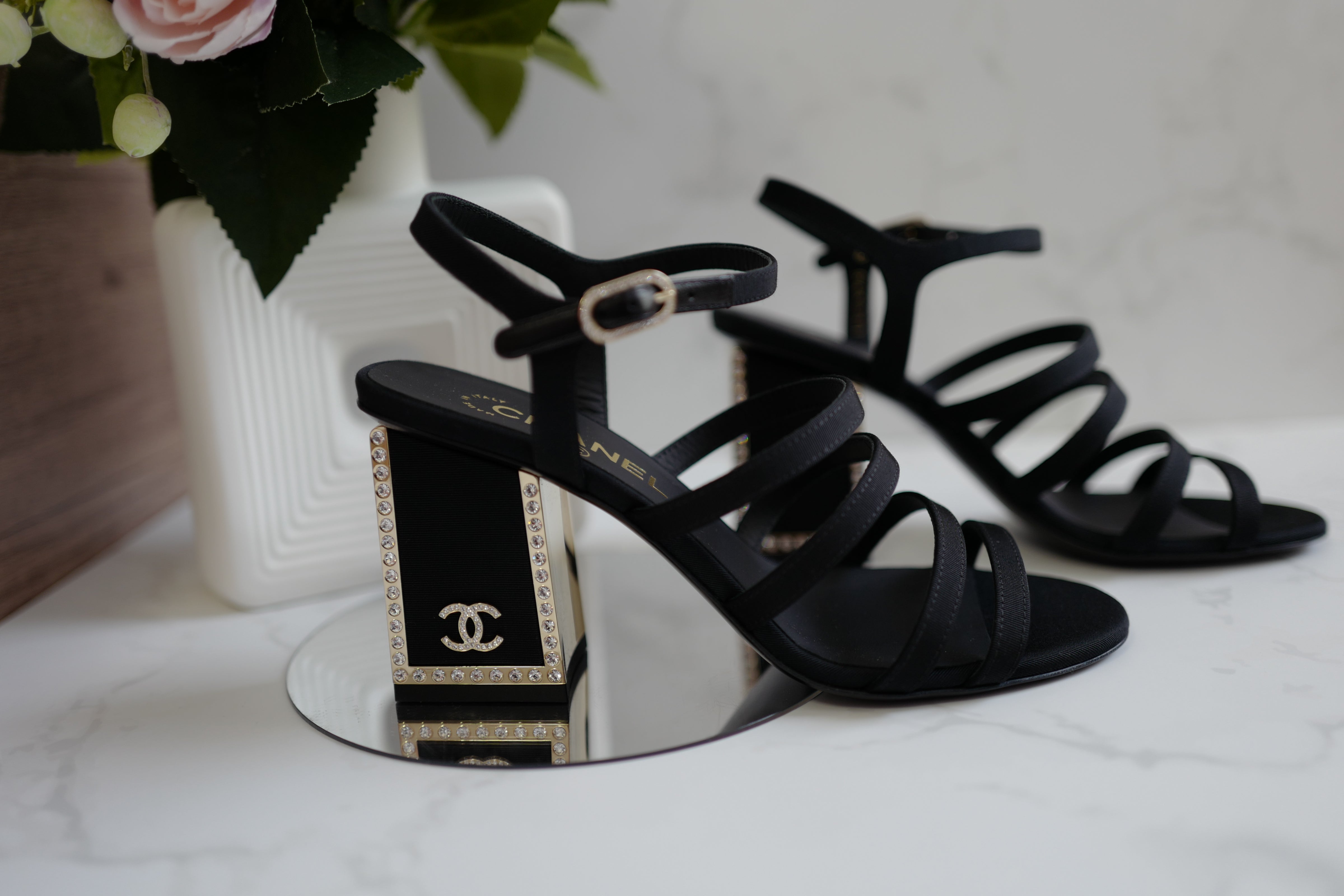 BNIB Chanel 24B Strappy Heels in Black with Crystals Rhinestone Heels size 38