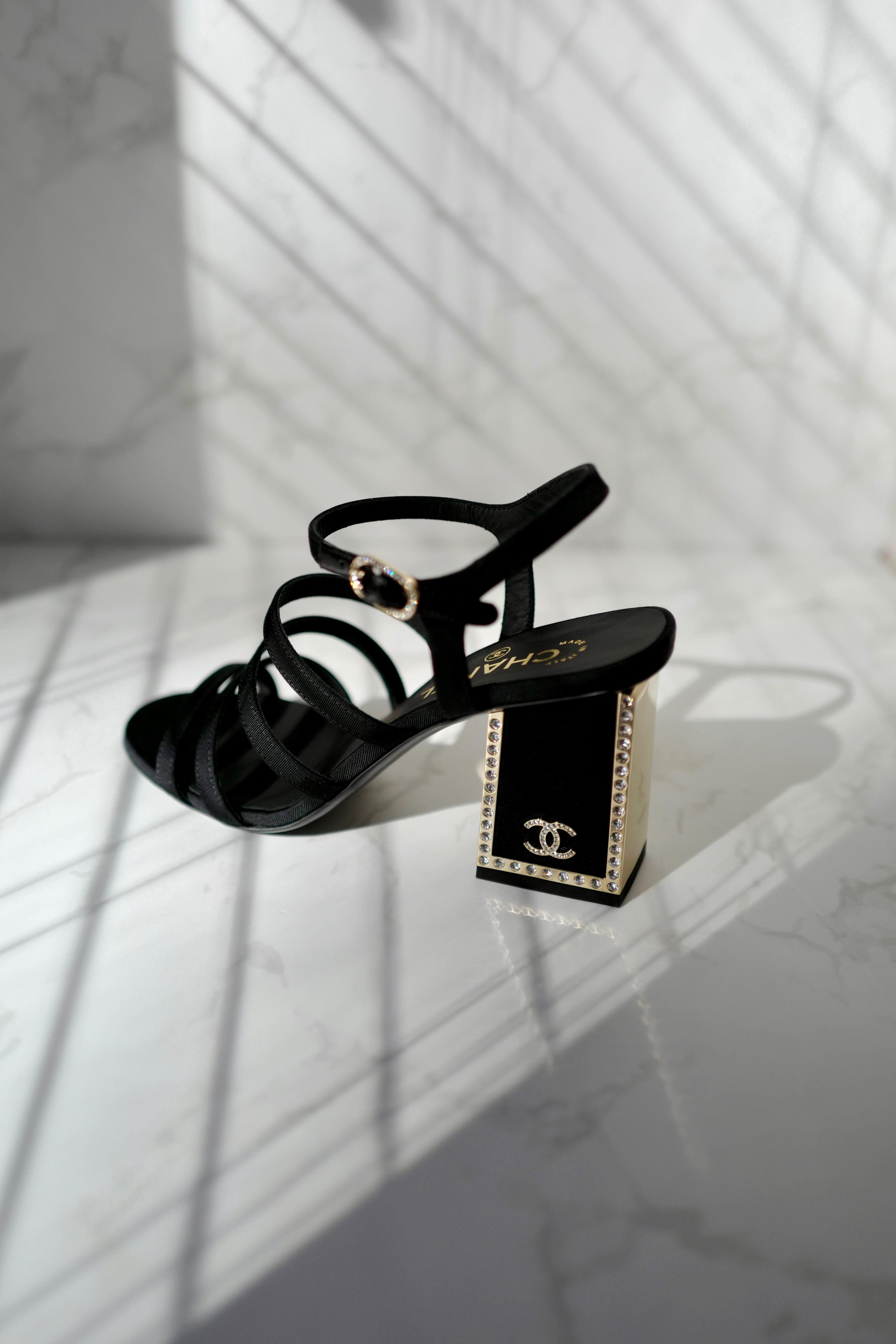 BNIB Chanel 24B Strappy Heels in Black with Crystals Rhinestone Heels size 38