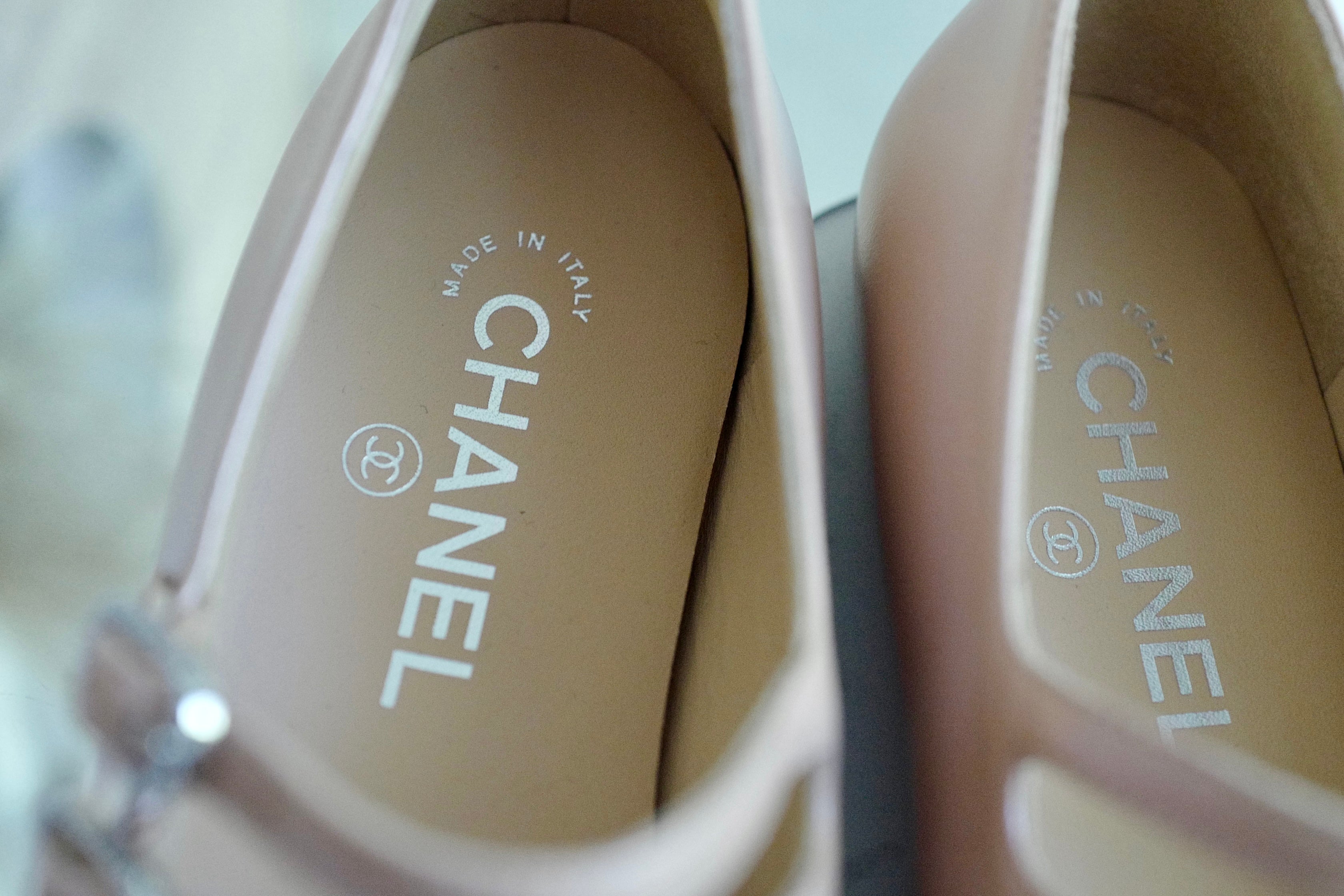 Chanel Lambskin Leather Mary Janes Flats Beige & Black With Straps Size 39