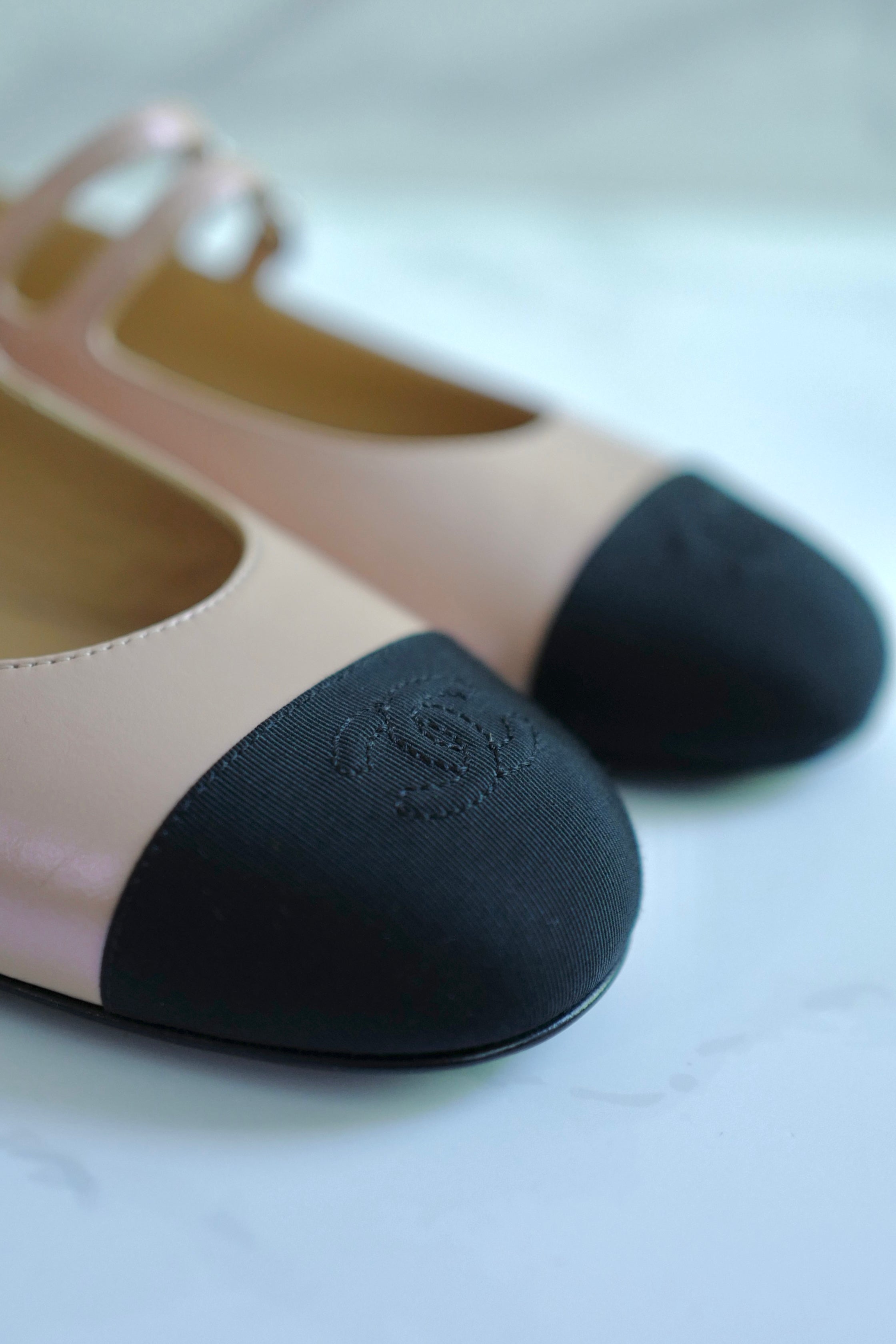 Chanel Lambskin Leather Mary Janes Flats Beige & Black With Straps Size 39