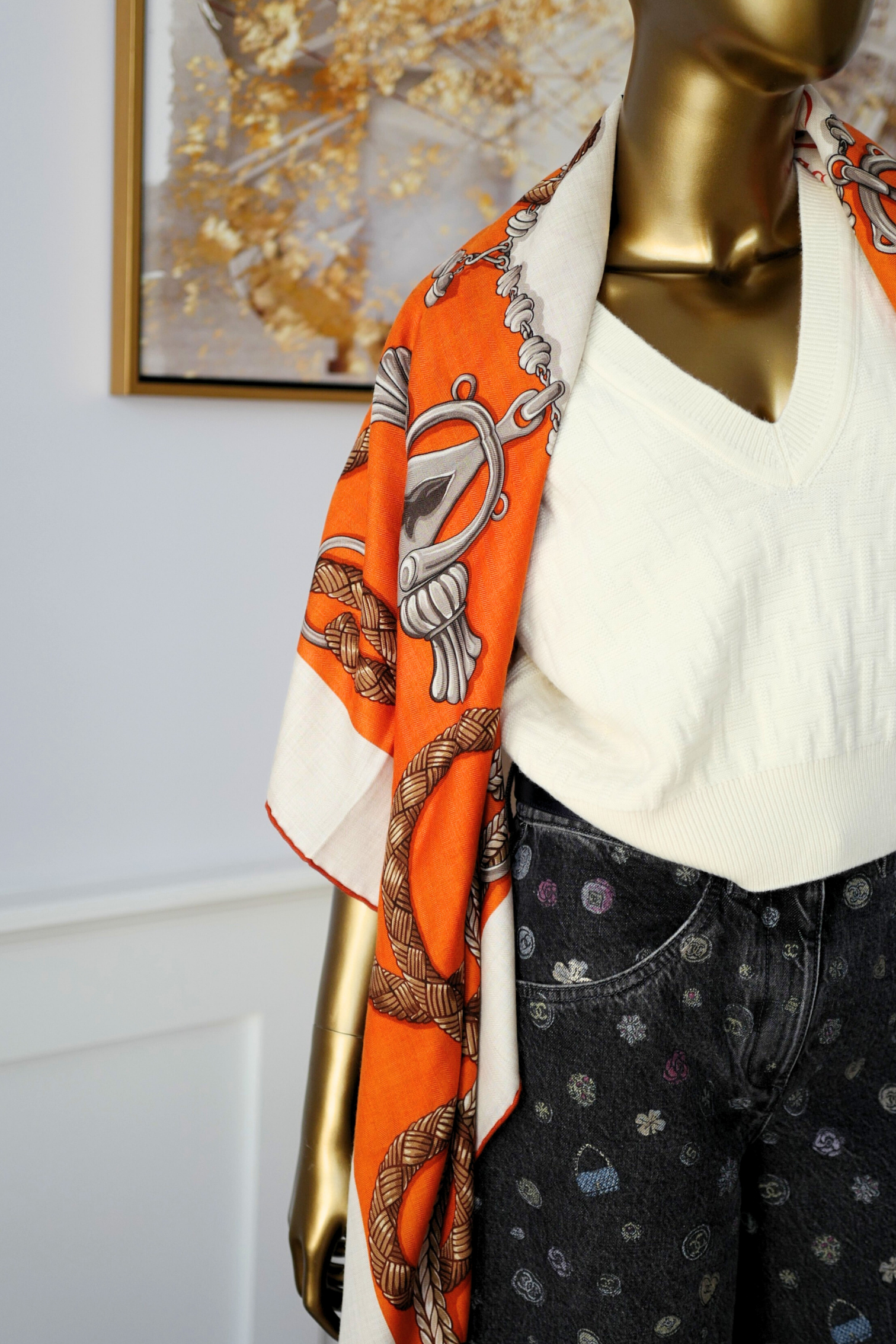 Hermès Palefroi Shawl 140 Cashmere Silk – Naturel / Orange Cuit / Cannelle