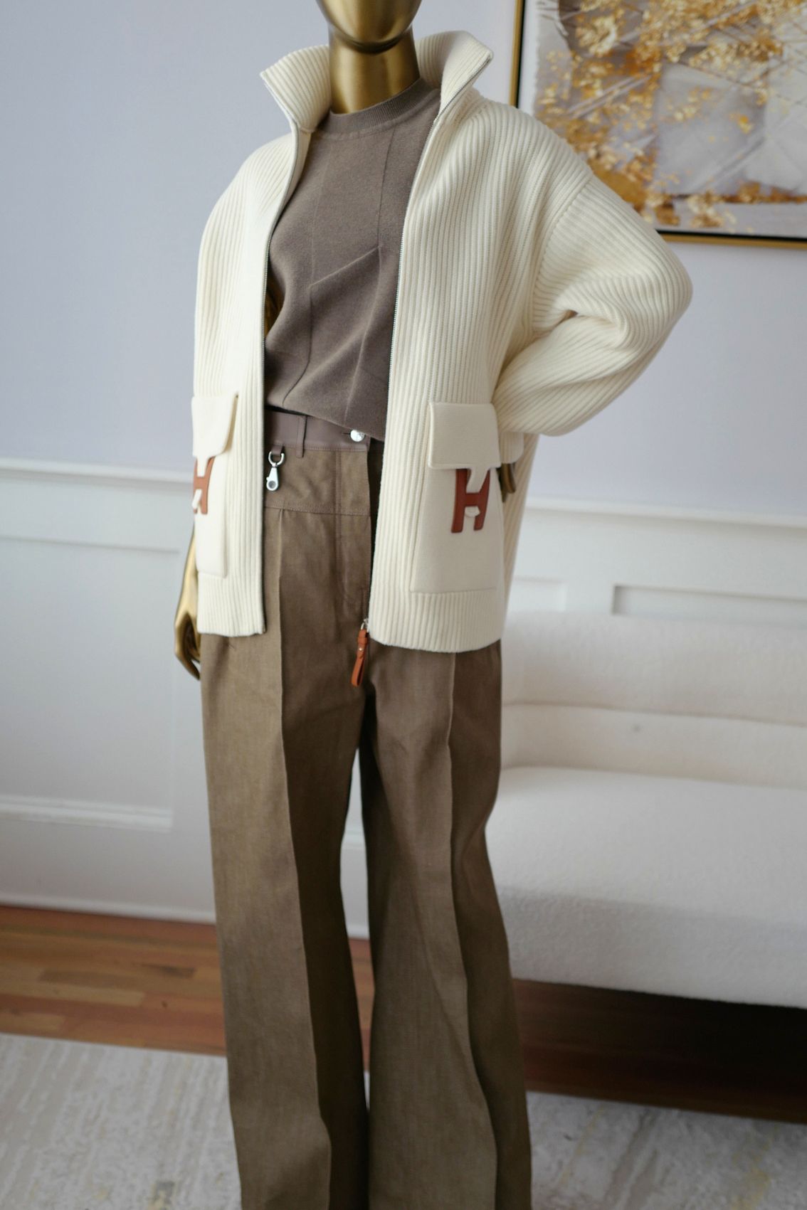 Hermès Blousson Cardigan Blanc Naturel Wool Knit Size 38