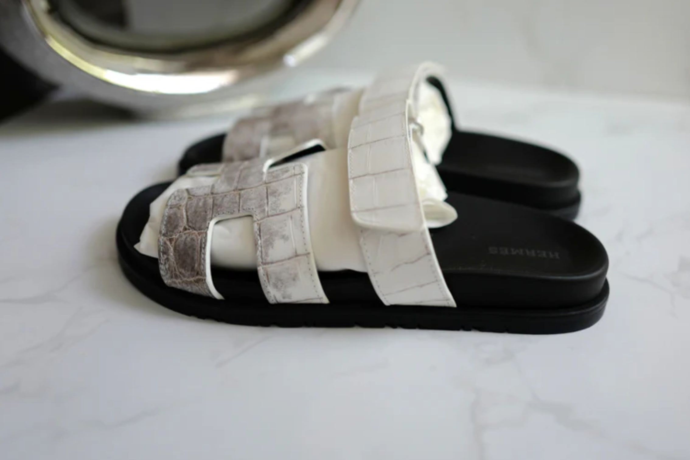 BNIB HERMÈS Chypre Sandals White Niloticus Crocodile Himalaya - Size 38