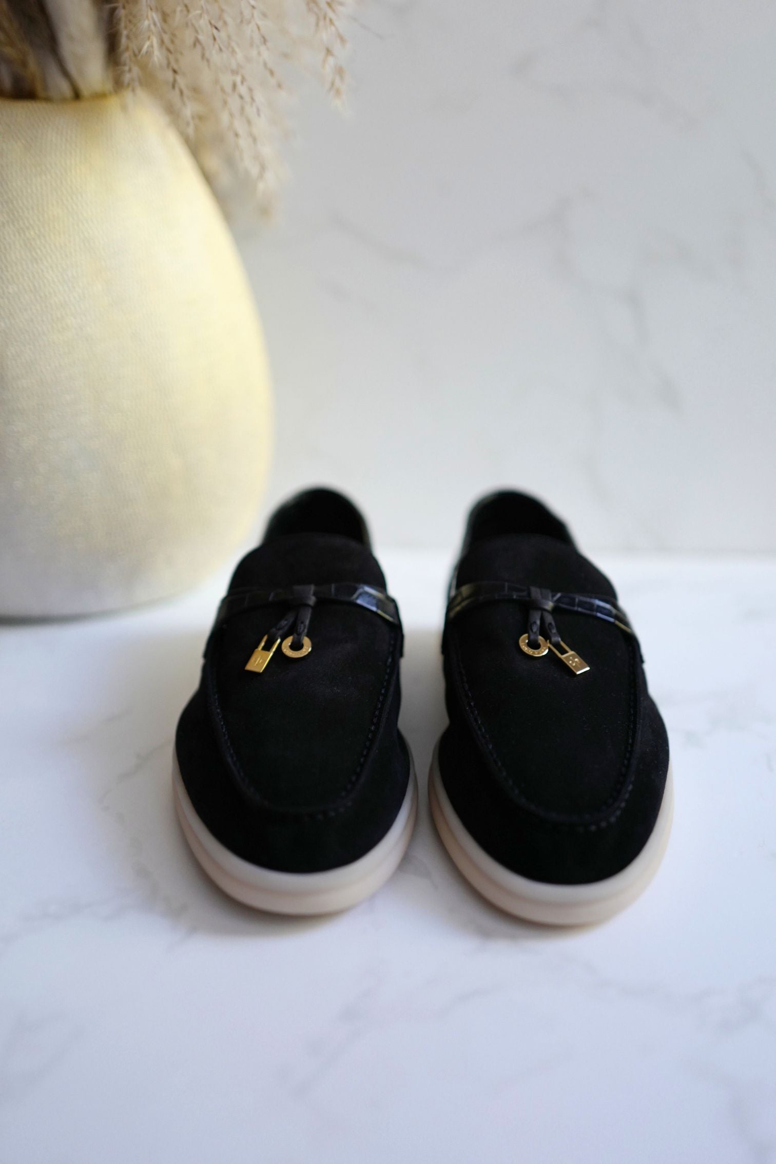 BNIB Loro Piana Summer Charms Walk Loafers In Black Suede Alligator strap Size 37