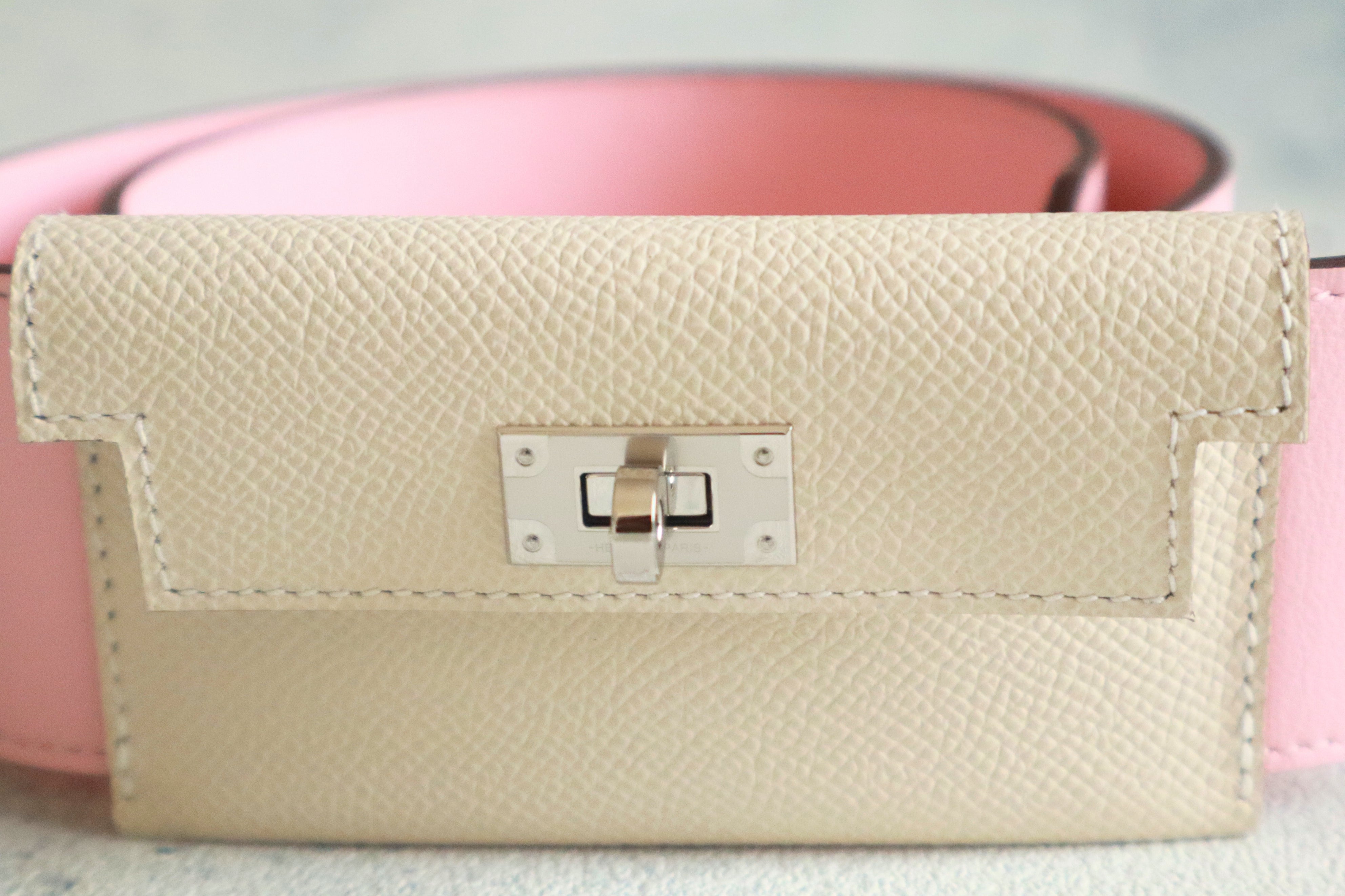 NEW Hermes Kelly Pocket Bag Strap Rose Sakura/Craie Swift Epsom Calfskin 85 cm