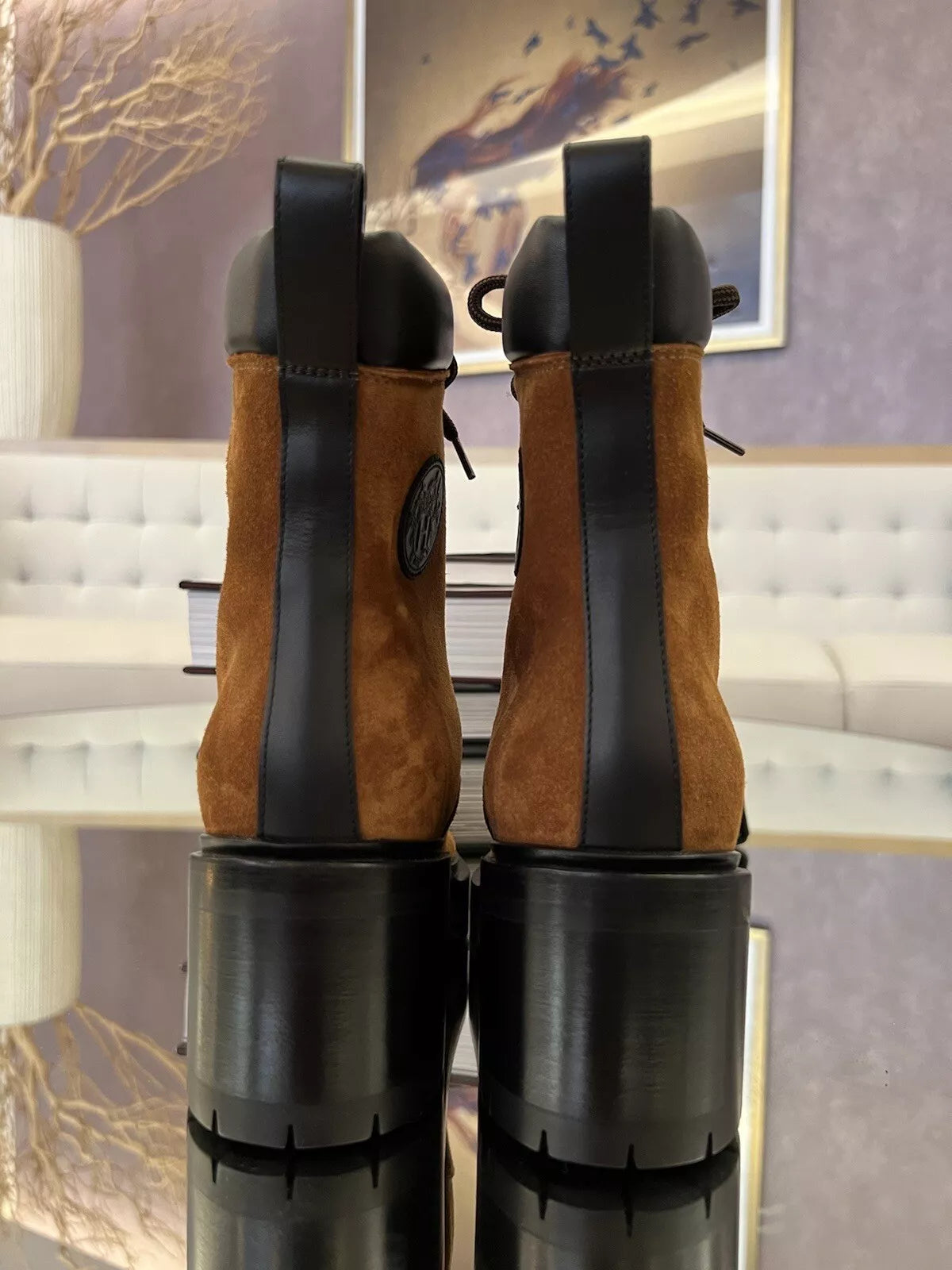 Hermes Bridge Suede Combat Boots Size 37.5 In Brown Over $1800 Retail