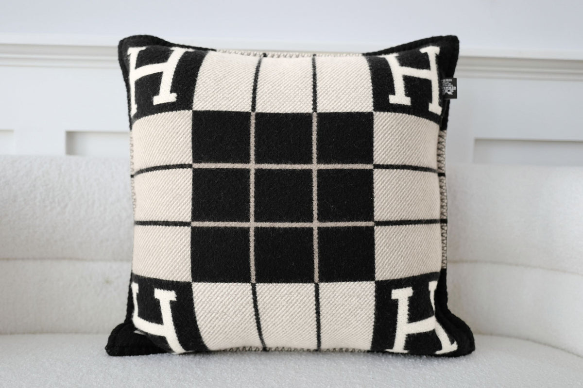 New Hermes Avalon III Jacquard Cushion Petit Modele Wool Cashmere Ecru Noir