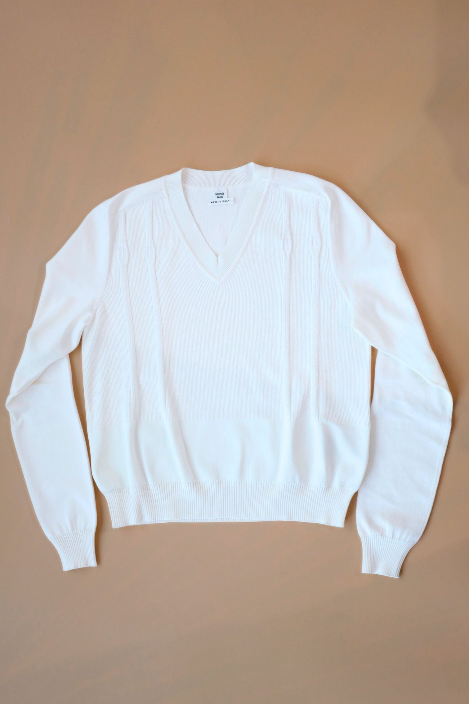 Hermès Long-Sleeve Textured Silk Cotton V-Neck Sweater Blanc Naturel Size 36