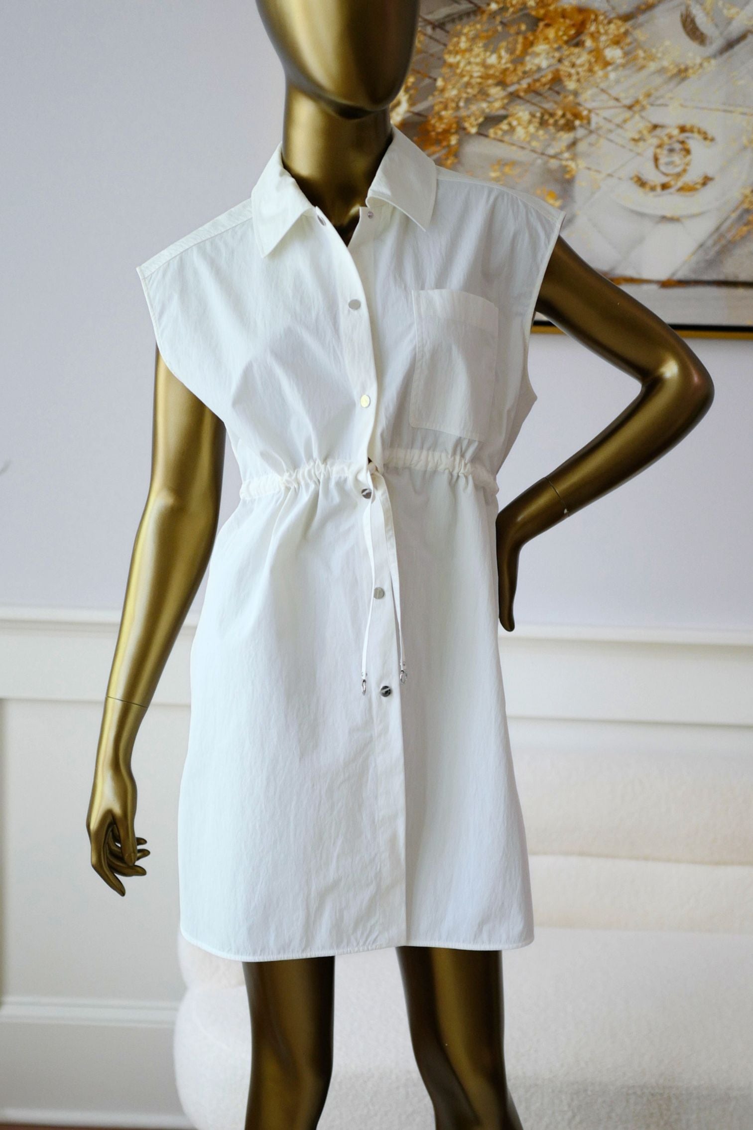 Hermès Chemise Coulissée Sans Manches Blanc Cassé Technical Cotton Size 36