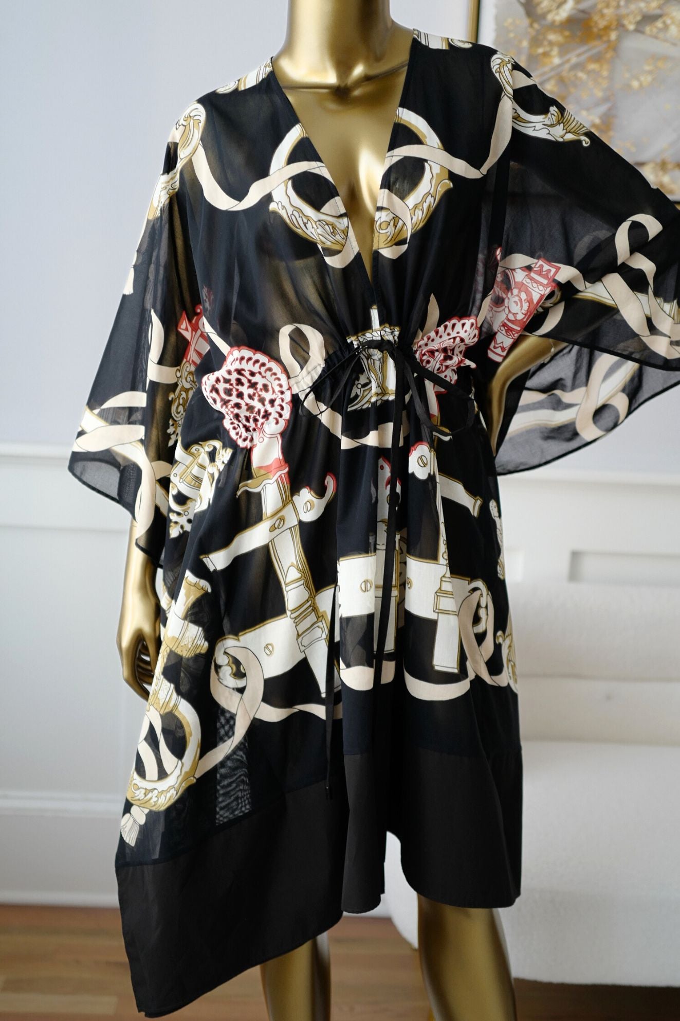 Hermès Woman Beach Caftan "Ferronnerie Remix" in Noir Cotton Voile One Size