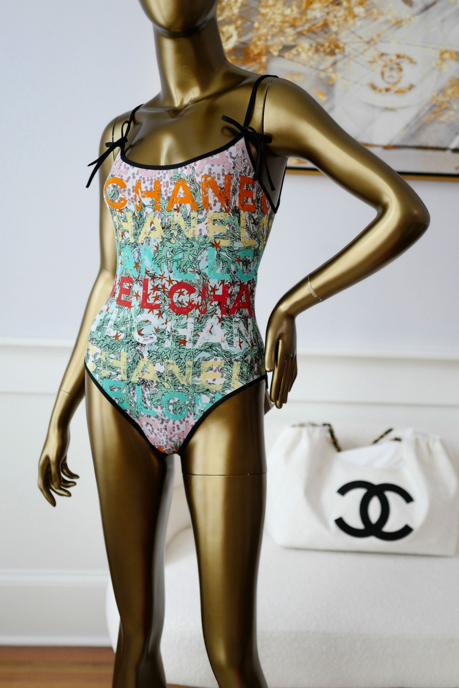 Chanel 26M Coco Beach Swimsuit Multicolor Stretch Jersey Size 36
