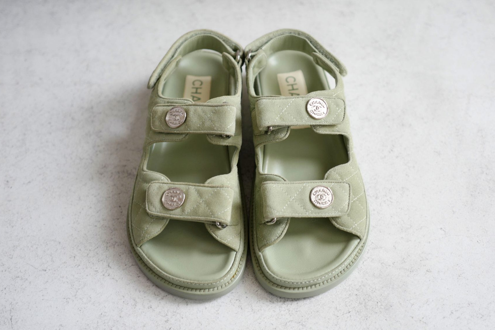 Chanel DAD SANDALS Green SUEDE LEATHER SANDAL Size 37 BNIB