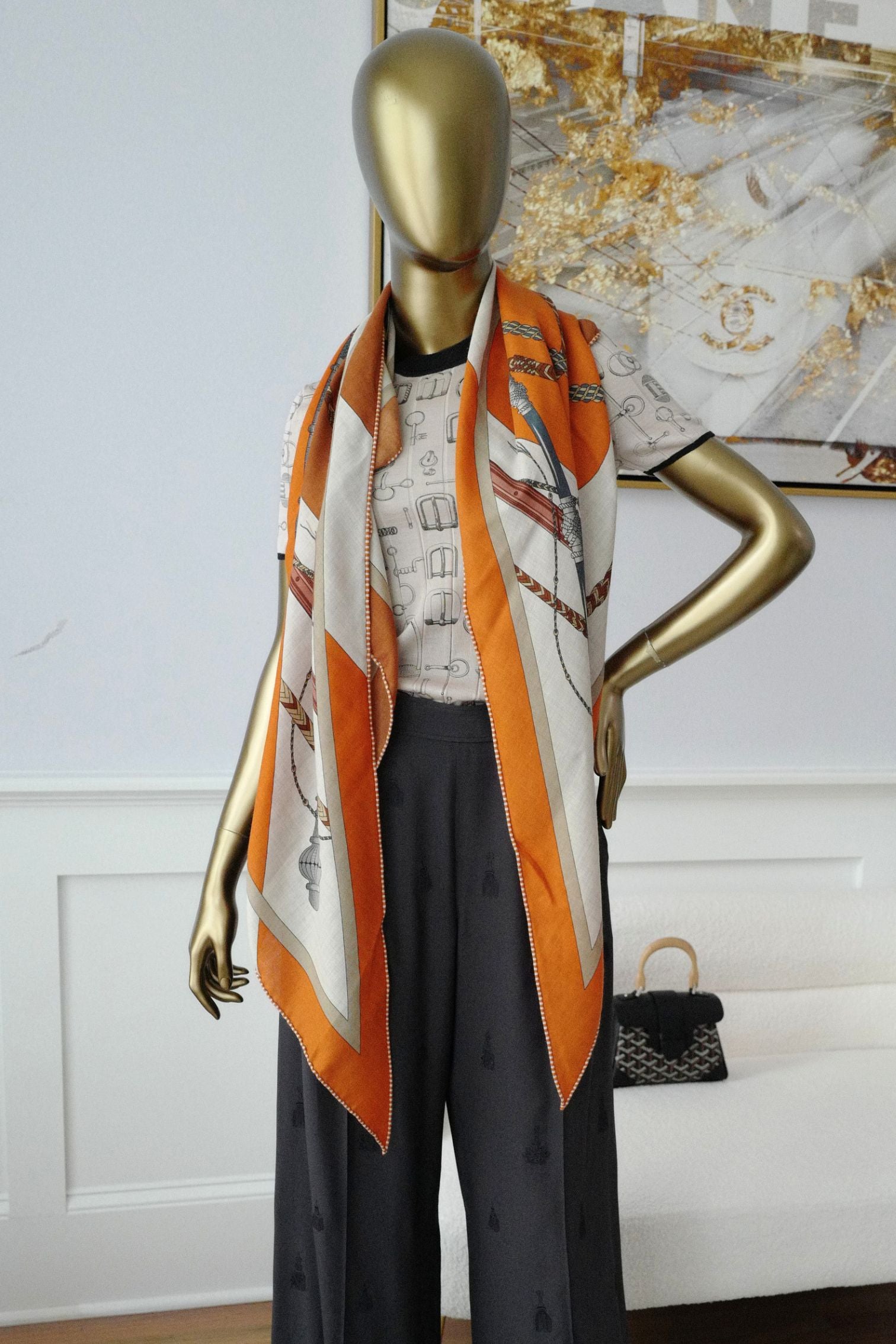 Hermès Clic-Clac Triangle Scarf Orange Cuit /Naturel/Caramel Cashmere Silk
