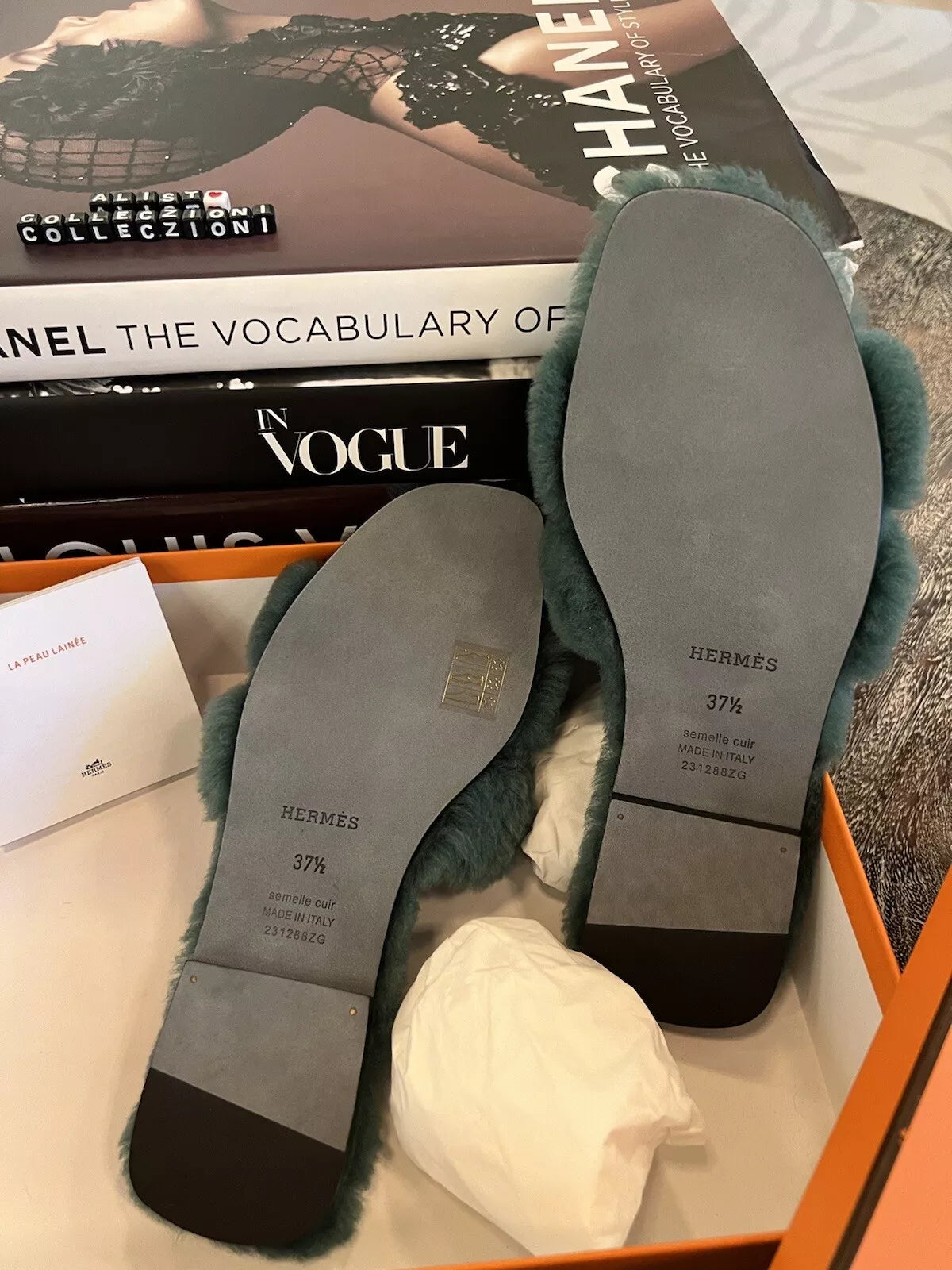 Hermes Oran Vert Anglais Fur Pom Pom Fuzzy Size 37.5 BNIB