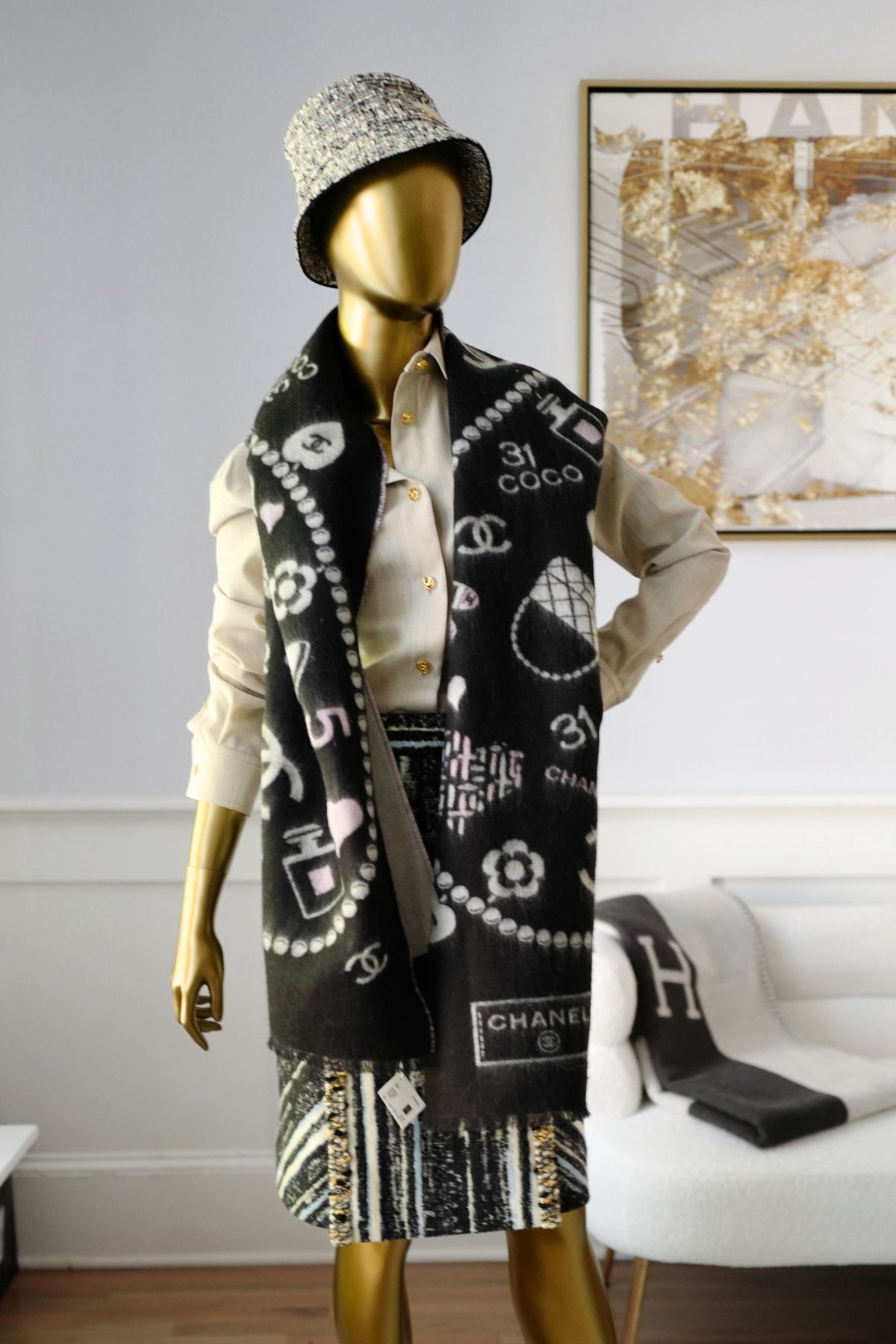 NEW Chanel 25B Black White Wool & Silk Scarf with Pearl Decoration