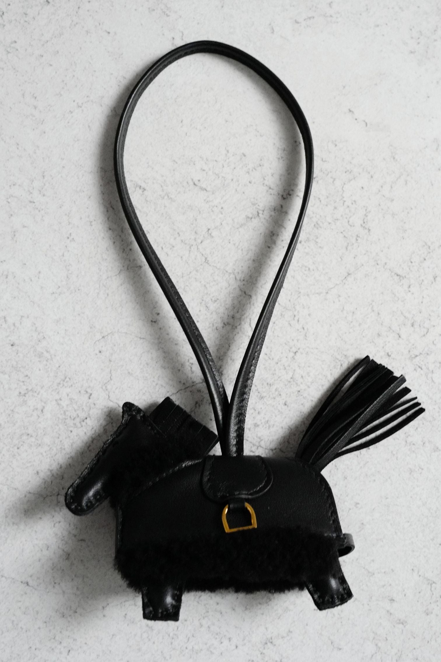 Hermès Horse Charm Rodeo Robeo Plush PM Noir Lambskin Wool Yellow Gold Plated