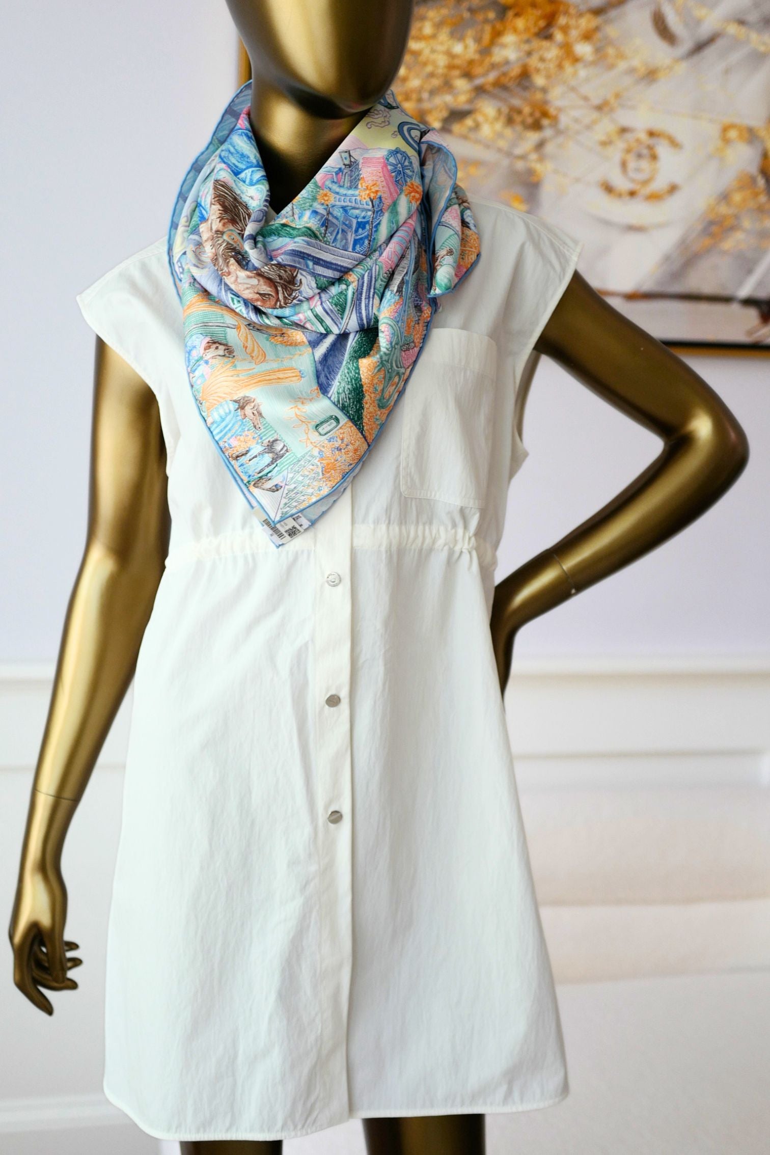 Hermès City of Light Scarf Bleu Jean/Rose/ Vert Véronèse 100% Silk 90