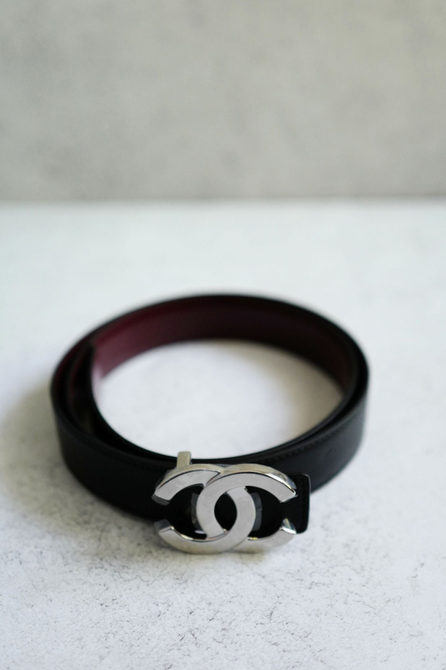 Chanel CC Reversible Belt Black Burgundy Silver Calfskin Metal Size 85
