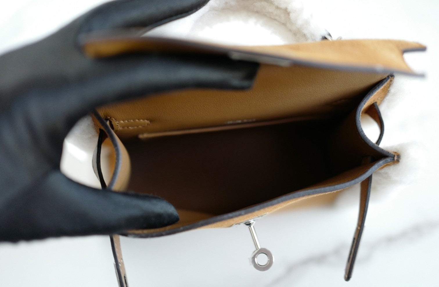 BNIB Hermès Mini Kelly Teddy Gold/Ecru/Alezan Shearling Suede Palladium Hardware