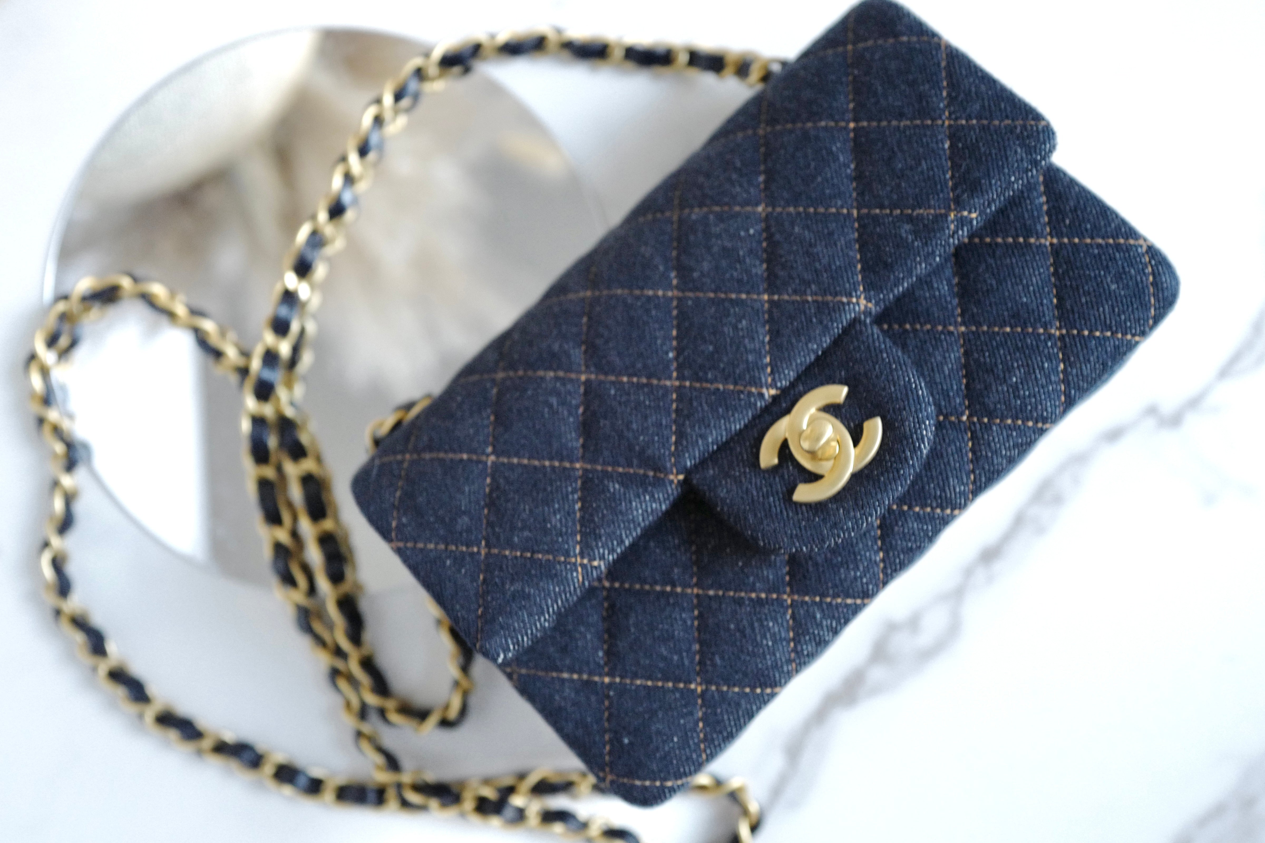 BNIB Chanel 25c Classic Mini Flap Bag in Denim Dark Blue Gold Hardware