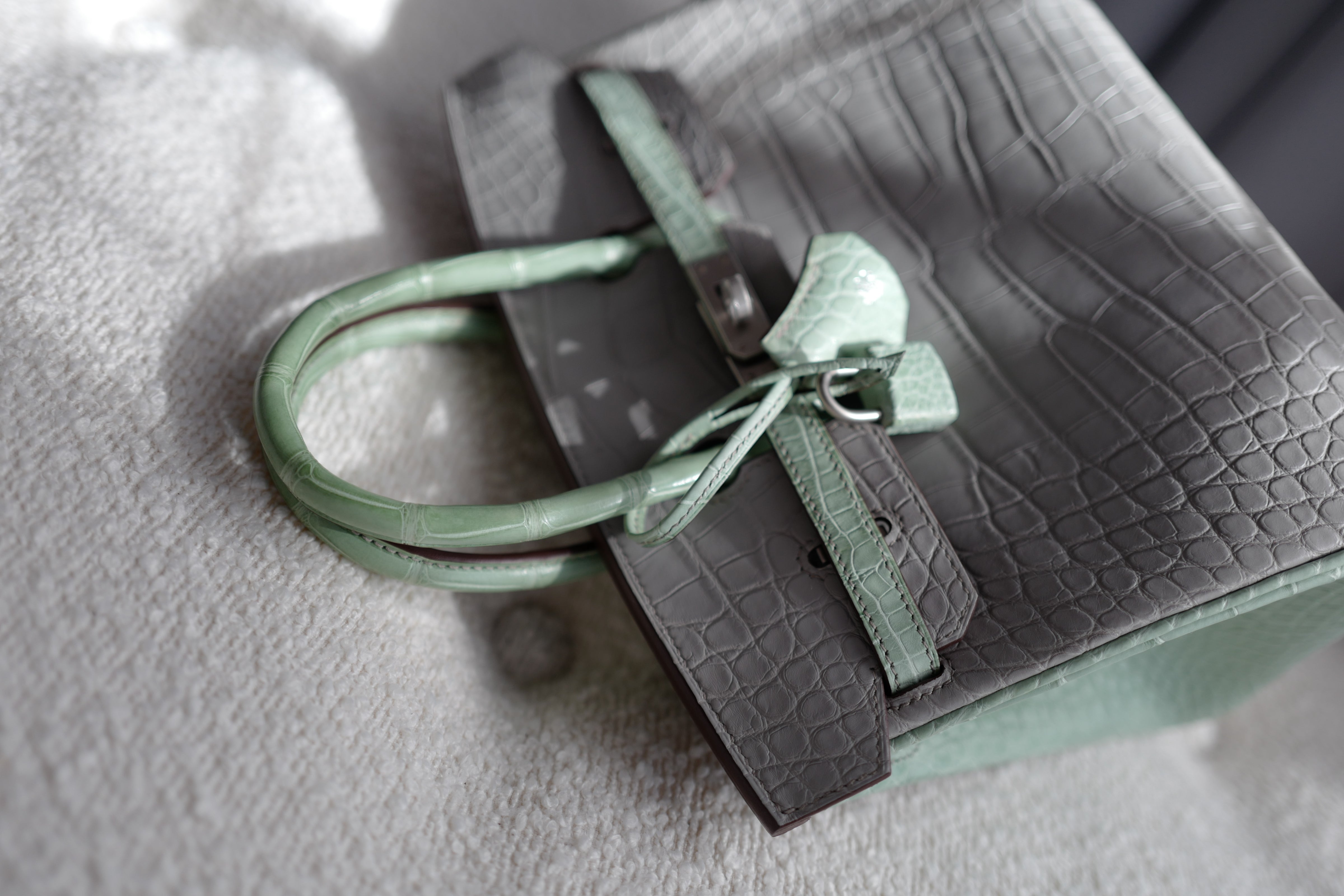 BNIB Hermes Birkin 25 HSS Gris Perle/Vert D’eau Matte Crocodile Brushed Palladium HW