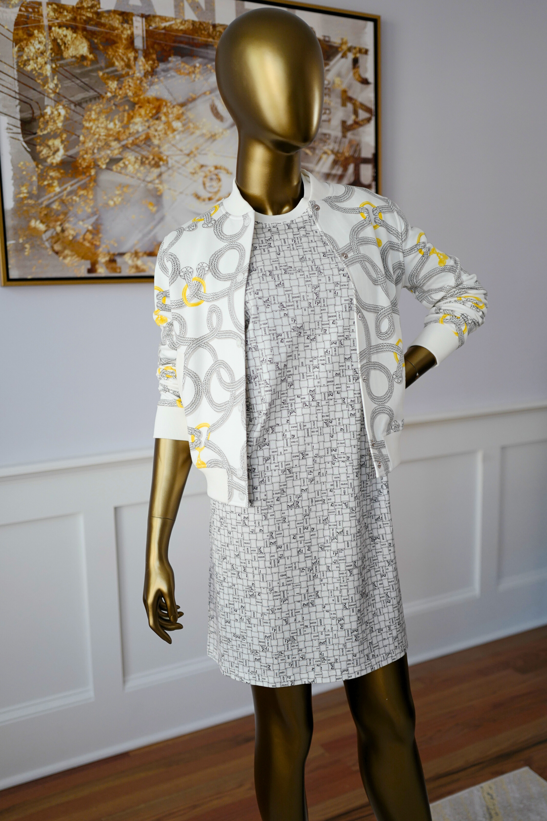 NEW Hermès Robe Droite Imprimée Bolduc au Carre Blanc Casse size 38