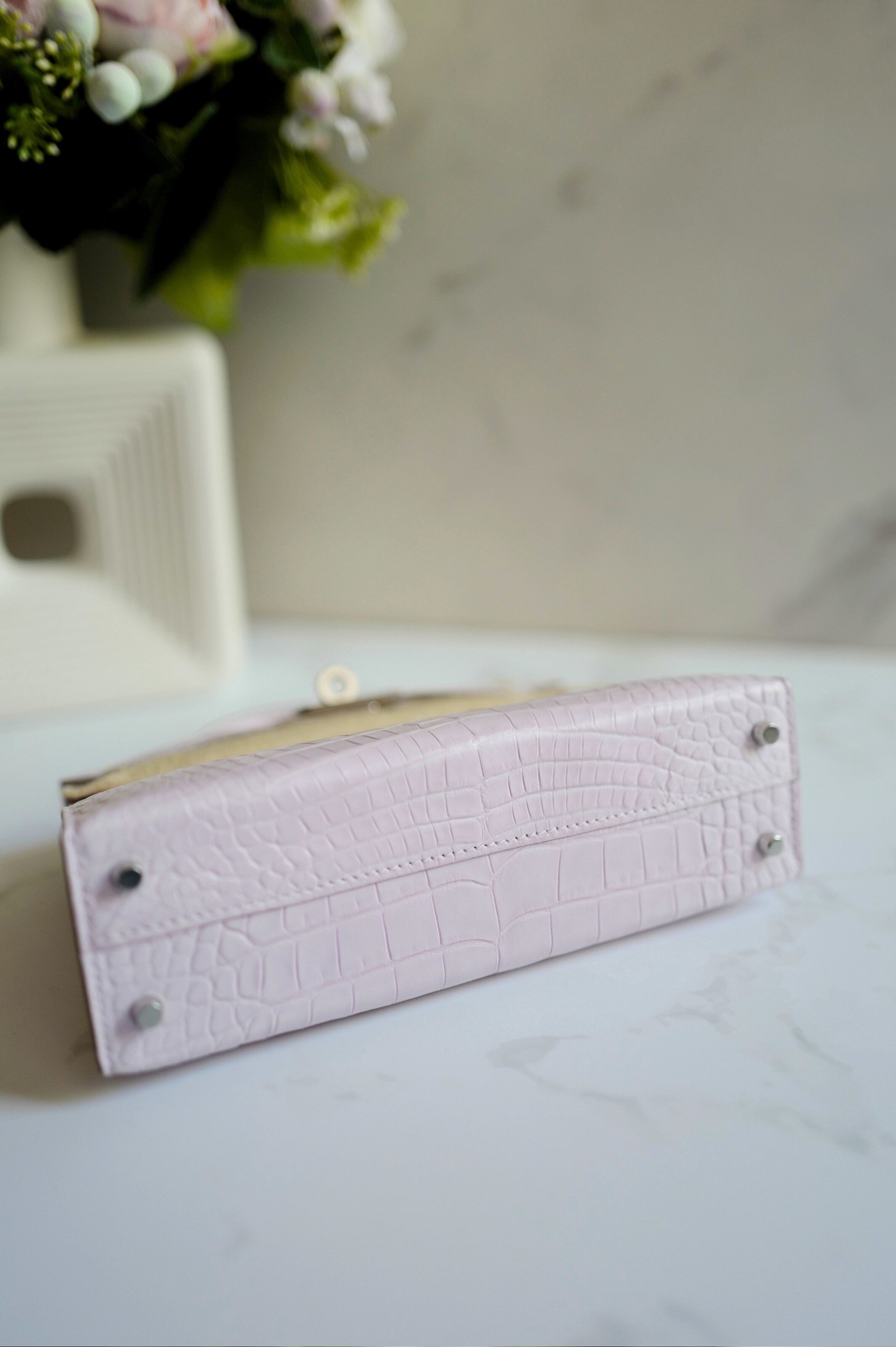 BNIB Hermès Mini Kelly 20 Mauve Pale Matte Alligator Palladium Hardware K Stamp 2025