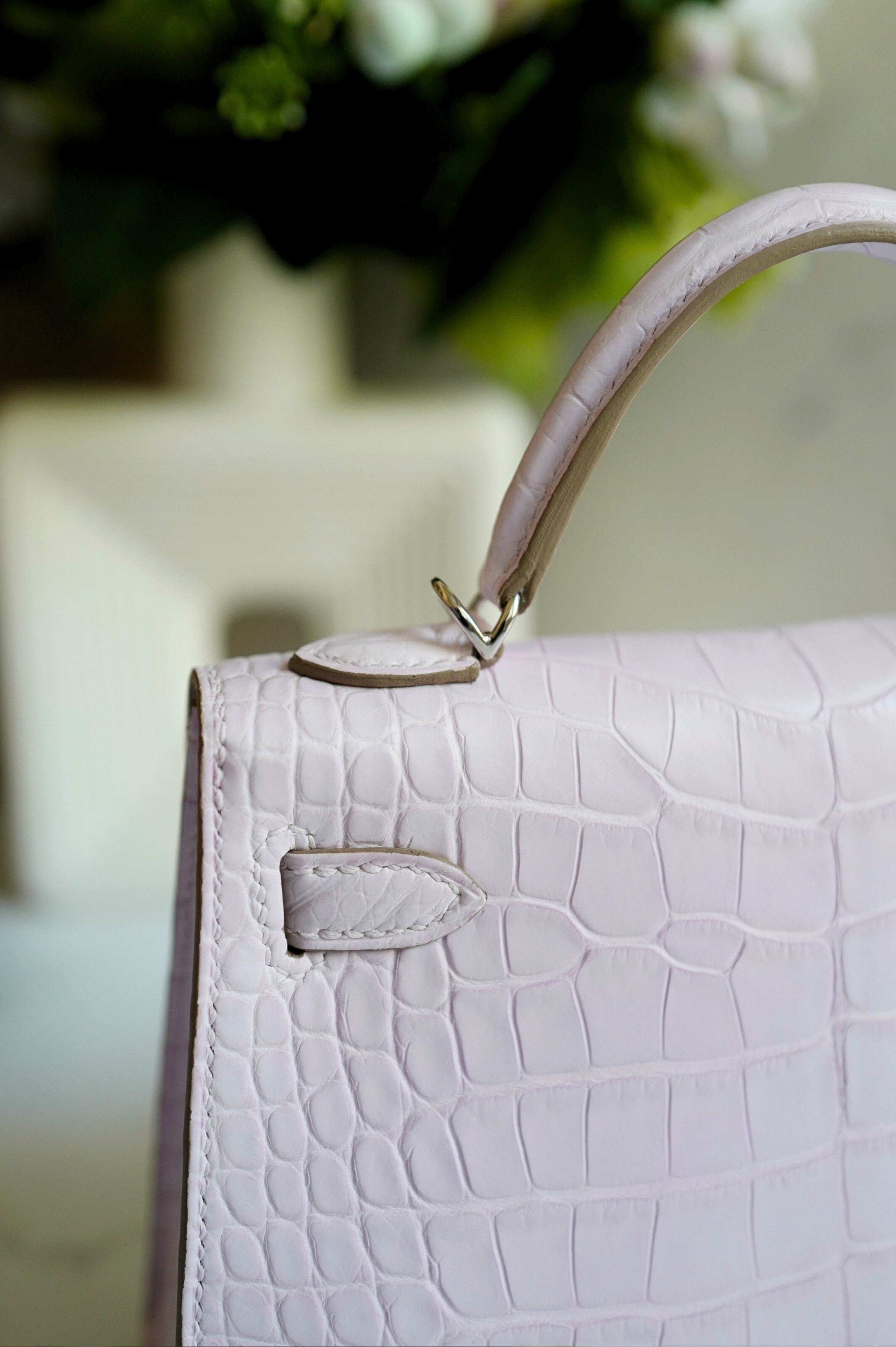 BNIB Hermès Mini Kelly 20 Mauve Pale Matte Alligator Palladium Hardware K Stamp 2025