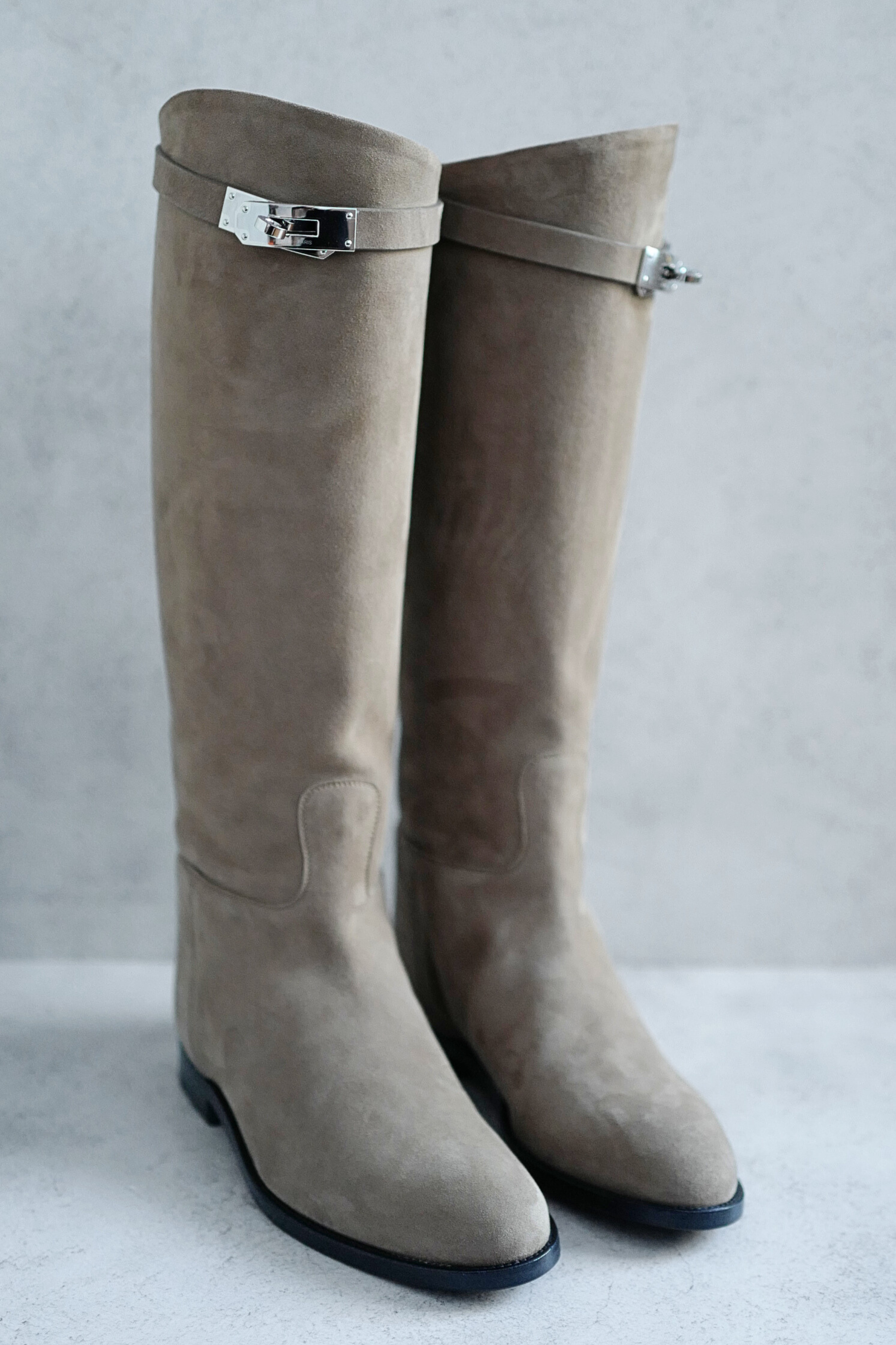 Hermès Jumping Supple Suede Goatskin Boots Étoupe with Palladium Hardware Size 38