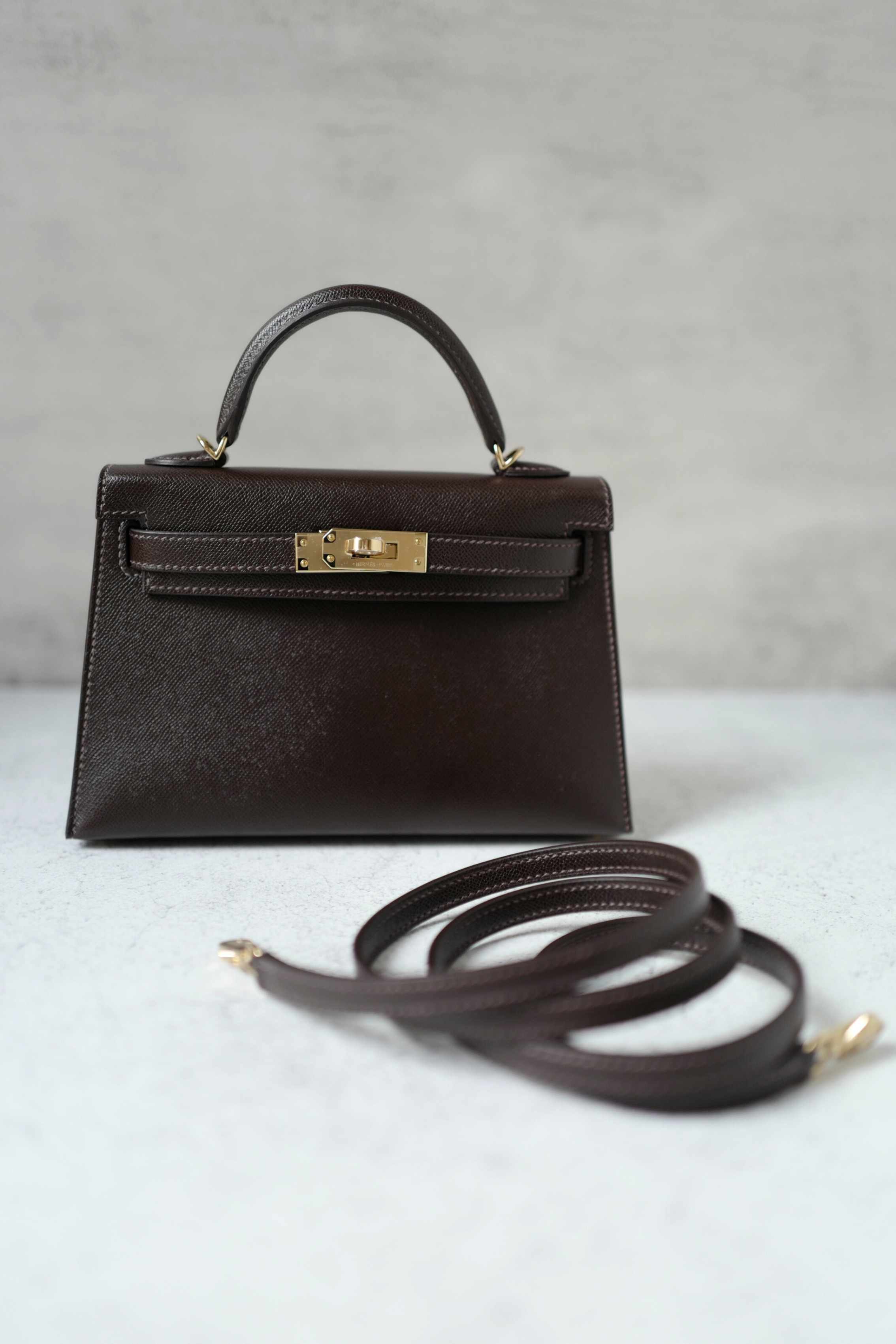 Hermès Mini Kelly 20 Bag in Bai Brun Veau Madame Leather with Permabrass Hardware K Stamp
