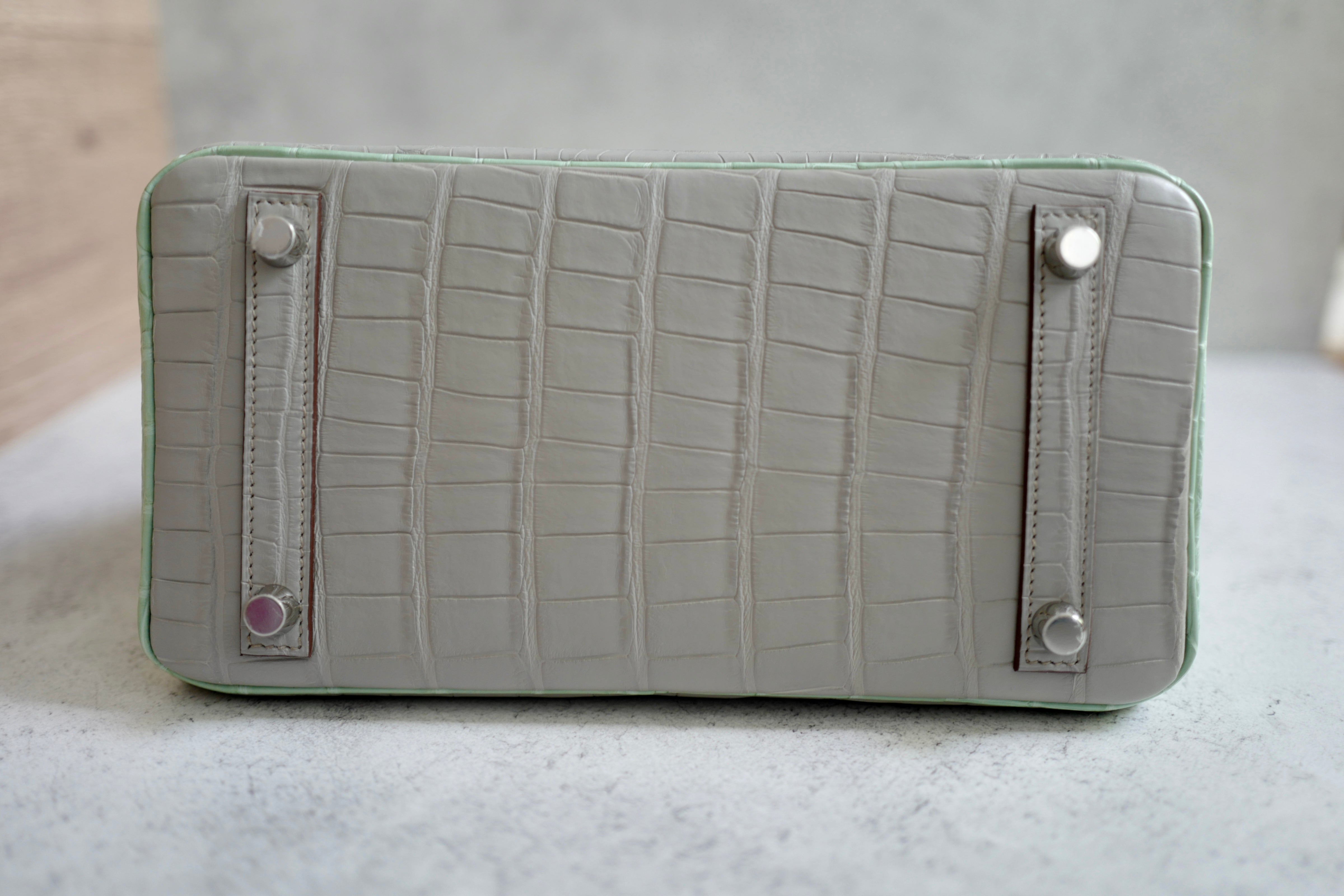 BNIB Hermes Birkin 25 HSS Gris Perle/Vert D’eau Matte Crocodile Brushed Palladium HW