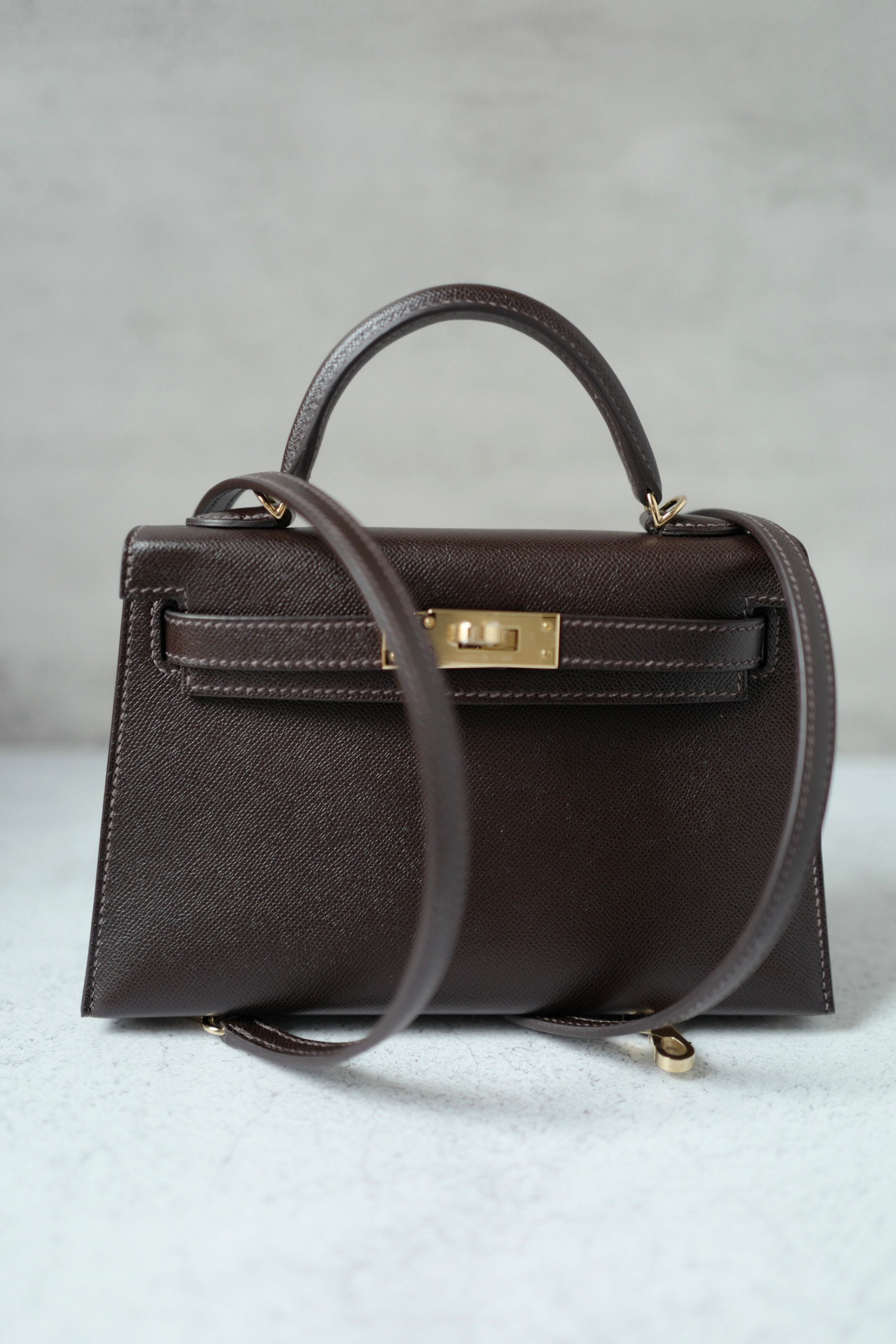 Hermès Mini Kelly 20 Bag in Bai Brun Veau Madame Leather with Permabrass Hardware K Stamp